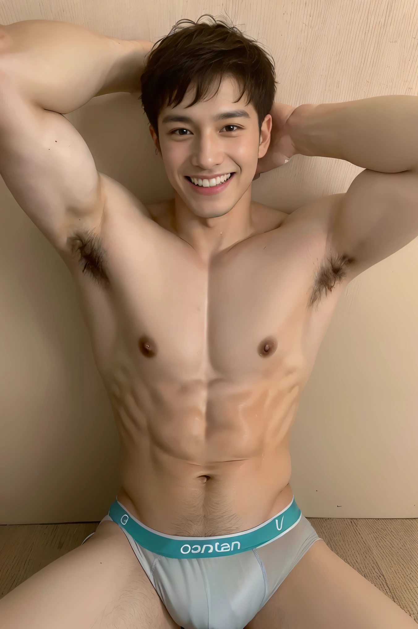 ( (8K:1.27), best qualtiy, tmasterpiece, 超高分辨率:1.2) Asian man photo, young male,Perfect face,perfect bodies,sharp focus, detailed face, detailed eyes, Leaky abs, smile, underwear, bulge, cum dripping, sexy pose,