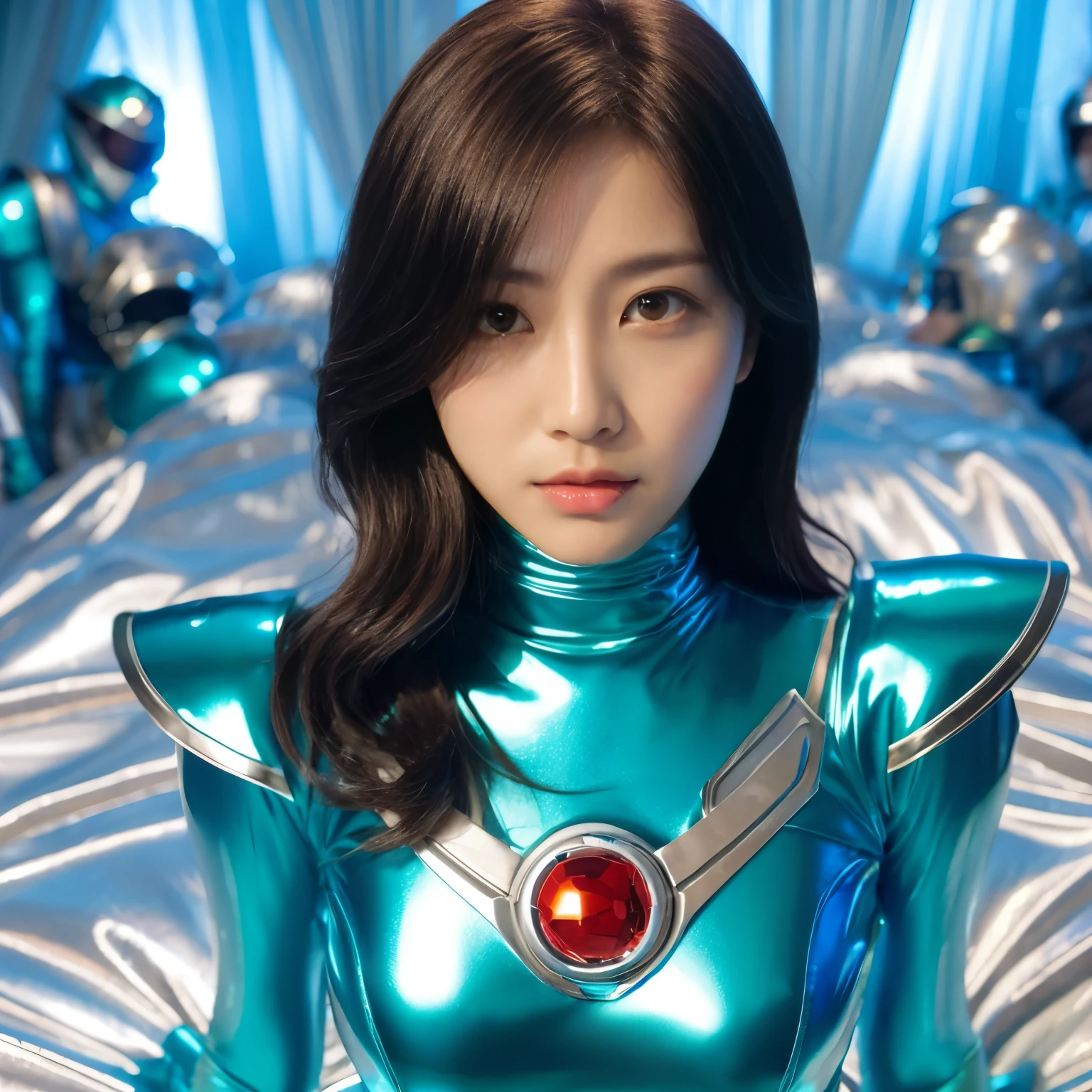 best image quality、Super high resolution、(realism:1.4)、Korean beauty star、The most beautiful KPOP star、face、Horny Korean makeup、erotic expression、A body that makes you want to touch it、Erotic photos、Realistic satin fabric texture、Smooth and smooth stretch satin fabric、Or a costume made of thin enamel material.、The drape of the curved part of the satin fabric、strong shiny costume、Smooth and beautiful quality of the costume、8K photo quality、Costume made of high-quality satin fabric with high density、Super-class battle leather cloak with a smooth texture、Super Sentai Women's Heroine Suit、Super-class battleship shiny costumes、Texture of costumes that satin fetishists respond to、Thin, glossy stretch satin fabric、