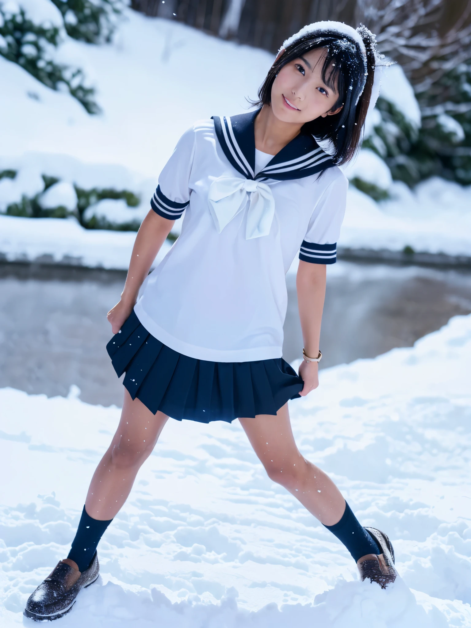 (in 8K、RAW Photos、top-quality、​masterpiece:1.2), (realisitic、Photorealsitic:1.37), ultra-detailliert, high resolution, 1girl in, a closeup, Raw feet, A dark-haired, black eyes, japanese, color contact lens, (beautiful legs:1.3), (slender girl:1.4), a beauty girl, (Thin legs:1.3), a sailor suit, , high-school girl, JK, Ultra mini skirt, Dark blue pleated skirt, Short socks, Tri-fold socks, white sock, (short sleeves:1.3), (black loafers shoes:1.3), Full body, (standing:1.2), (heavy snowing:1.1), (deep snow:1.1),(dark_skin:1.5),(tanned_skin:1.5)