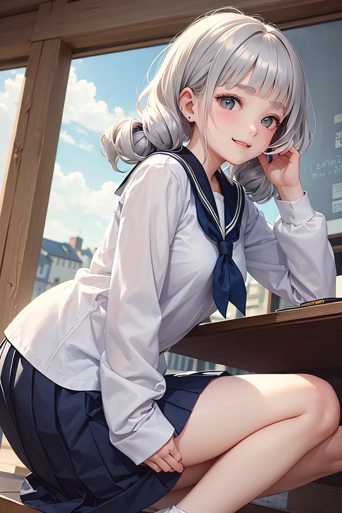 very cute and beautiful girl,(very detailed美しい顔),
(smile),serafuku,navy blue pleated mini skirt,
(Please think back,from behind),leaning forward,from below,white panties,
(Town overview),There are many European houses with red roofs,detailed landscape,
black hair,looking at the viewer,
(highest quality,masterpiece:1.2),confused,High resolution,Super detailed,very detailed,32K,8K resolution,
intricate details,movie-like scene,detailed background,alone,dynamic angle,
hair blowing in the wind,beautiful and detailed sky, masterpiece, High resolution, classroom, (15 year old girl:1.2), (alone:1.1), (Silver medium hair:1.5), (low twintails:1.1), (dull bangs:1.8), (Pretty pretty face), long sleeve (sailor suit), near pleated skirt, stunned look, (Comes with a thin gift box), woman lying on blue, nipple, chest, alone, close your eyes, open your mouth