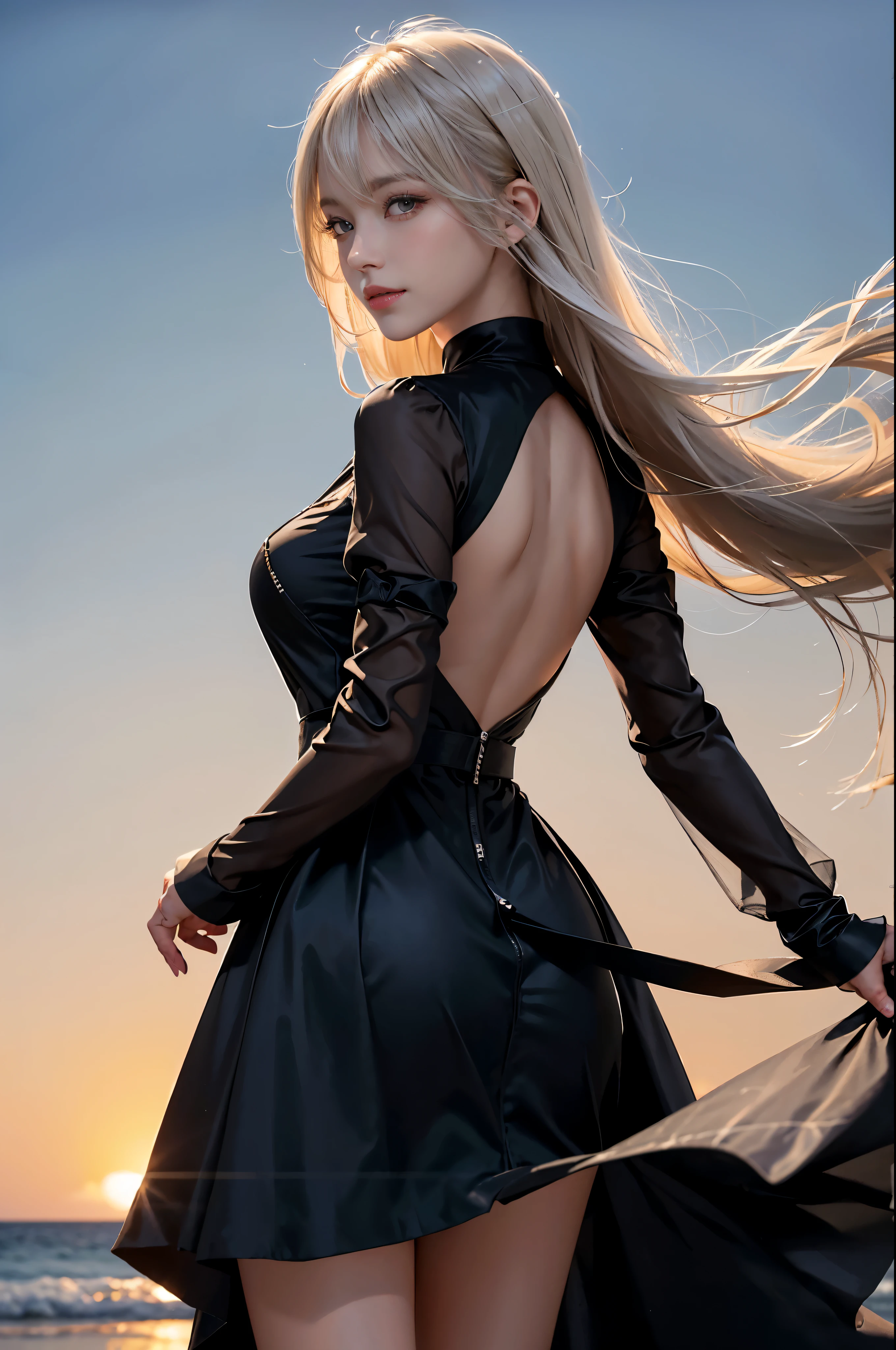 1 girl, blonde hair, gray hair, long hair, bangs, sparkling eyes, long eyelashes, eyes shine, compensate, smile, written boundary depth, from below, silhouette, from behind, wide shot, f/1.4, 135mm, canon, nffsw, retina, Accurate, anatomically correct, rough skin, Super detailed, advanced details, high quality, 最high quality, High resolution, 8K, (Woman walking on the beach at sunset), 逆光のsilhouette, (see through black dress), ((光を通して体のsilhouetteが見える)), (hair blowing in the wind), (Skirt soars in the wind)