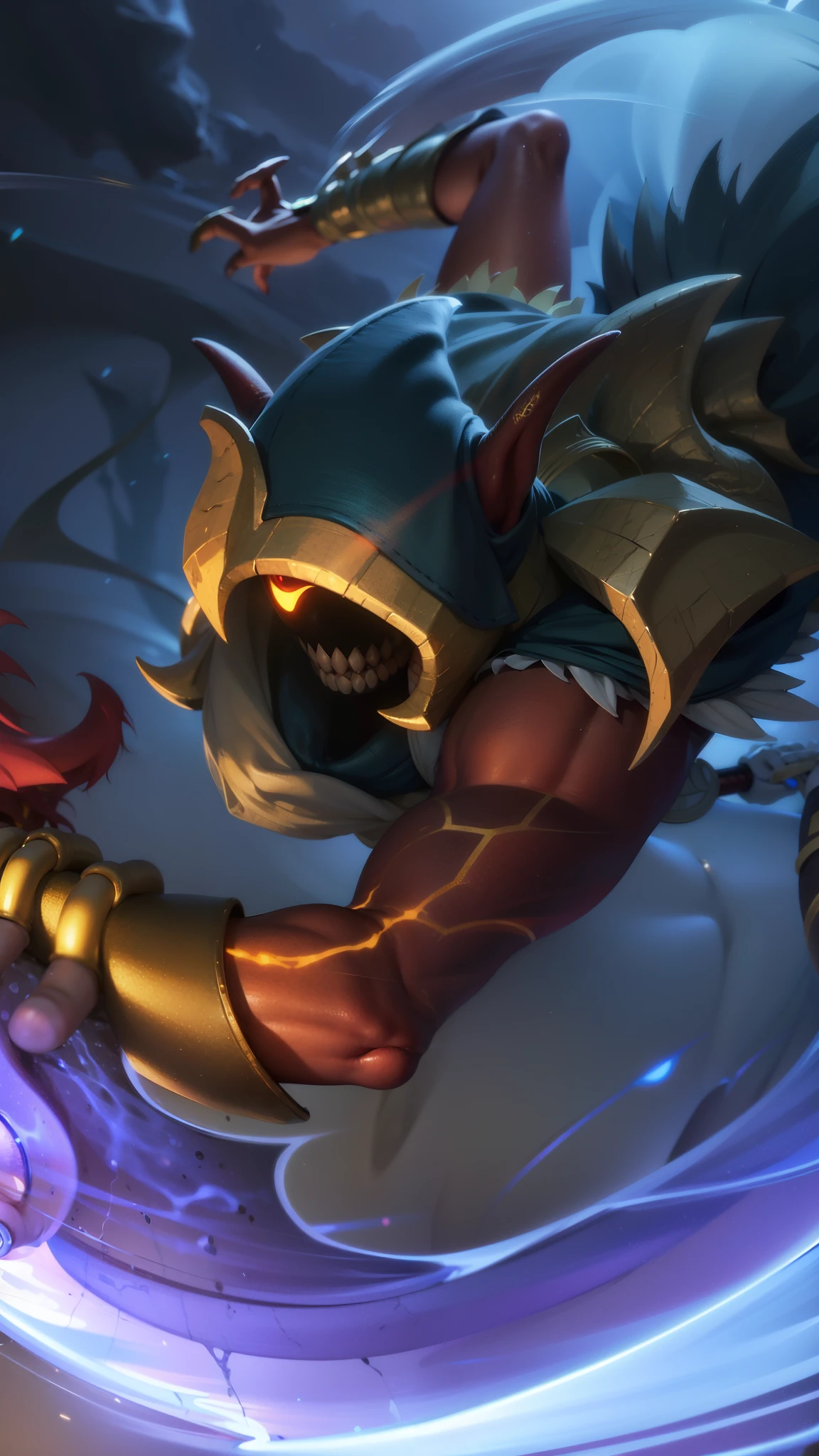 masculine male, masterpiece, ((perfect eyes)) best quality, (semirealism:1.9), beautiful lighting, (extremely detailed CG unity 4k fhd wallpaper), High Detail, Sharp focus, dramatic outdoors, white short hair, Boy with two big horns, big earrings on ears, elf ear, red eyes, Thick eyebrows, evil smile, grinning, red body, black face, Burning skin, yellow diamonds glistening on chest, burning red skin, golden robe behind, big white belt, 8k, realistic, scary, strong red eye glow (red eye:1.2).