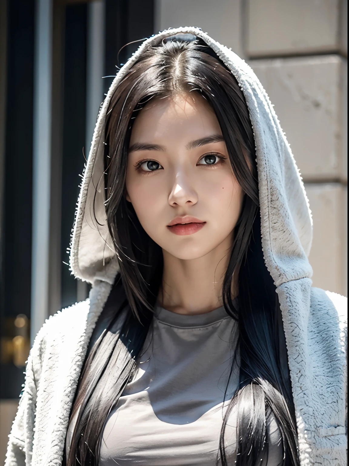 A woman wearing a gray T-shirt，long black hair，black eyes，very pretty face，wearing white coat