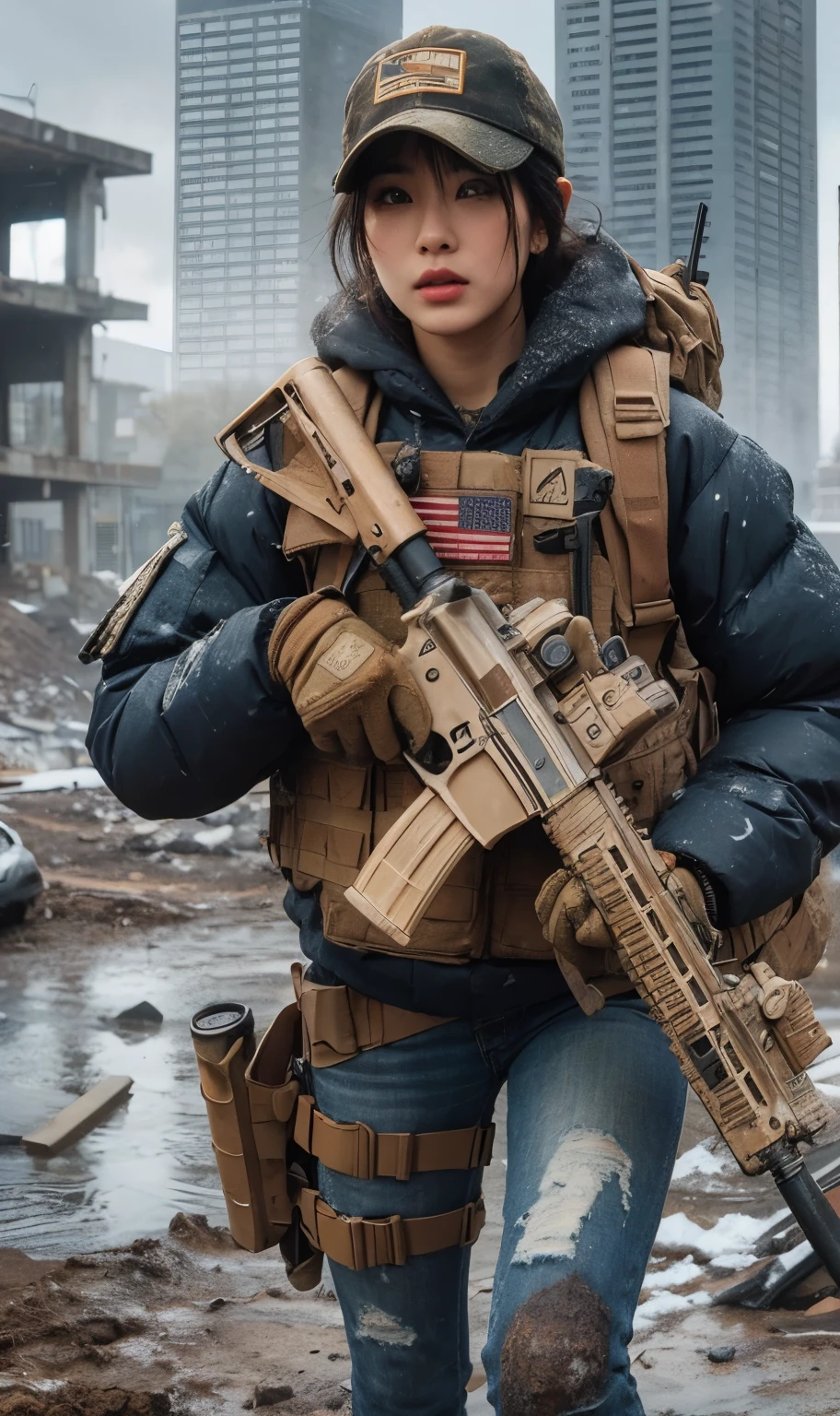 photorealistic、realistic skin texture、A beautiful Japanese woman belonging to the American military is in a city of winter rubble.、alley、old brick building、I&#39;m on guard、Backpack、tactical puffer jacket、baseball cap、automatic rifle、bulletproof vest、It's snowing、moving action pose、muddy boots