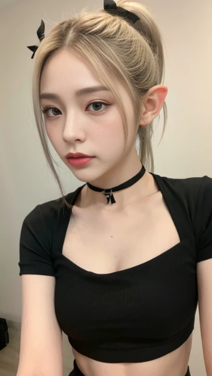 (Best Quality, 8K, 32K, Masterpiece, Ultra HD: 1.2), (K-Pop Idol: 1.3), 1 Girl, (Large: 1.2), Abs, Perfect Figure, Ultra Slender Face, Delicate Lips, Beautiful Eyes Double eyelids ((black crop top)) (Extremely normal body)Japanese-style town:1 Elf beauty,(Elf long ears),Short silver-white hair,Half-tied ponytail。