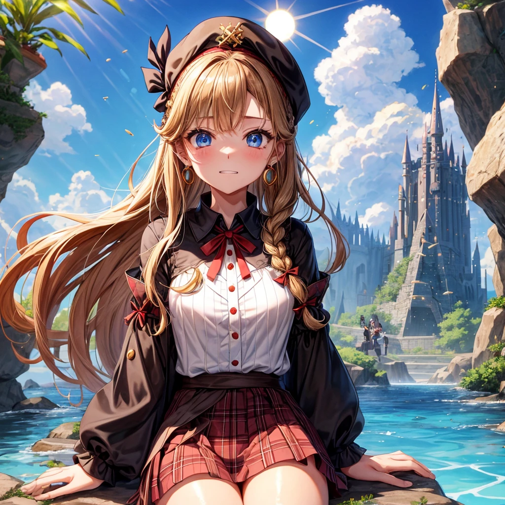 reddish-brown blonde、blue eyes、Braid、ponytail、one good looking girl、solo、anime、Plaid miniskirt、the skirt has buttons、camisole、black t-shirt、dress、wearing a ribbon、ribbon at waist、cloak、Crystal Grotto、hood、desert、clouds are swirling、stone slabs are piled up、one hand raised、Wearing a baseball cap 、crystal earrings、sun、sitting、gold coins are falling、teeth are visible、splash of water、monster castle、have a world map、bow、Swing