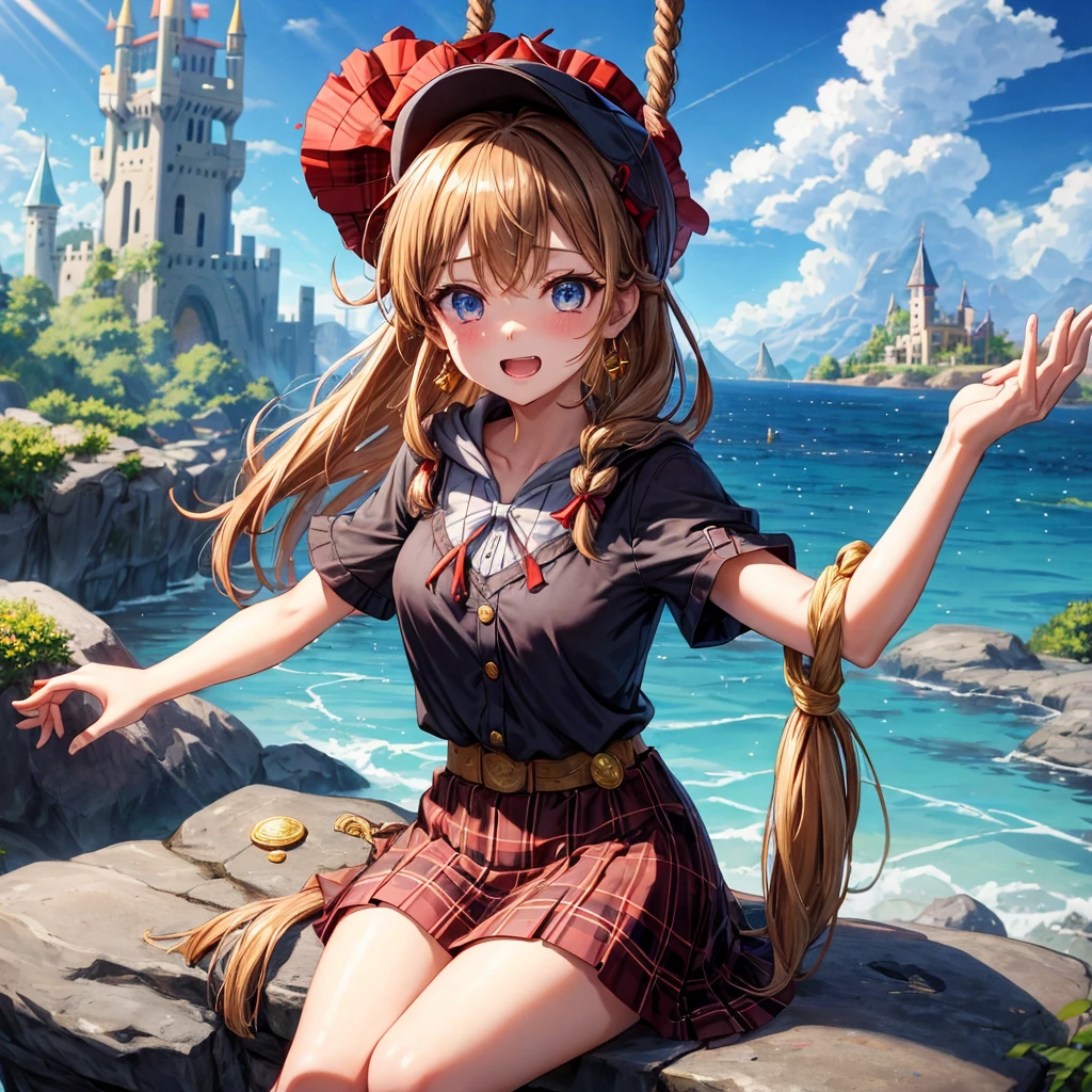 reddish-brown blonde、blue eyes、Braid、ponytail、one good looking girl、solo、anime、Plaid miniskirt、the skirt has buttons、camisole、black t-shirt、dress、wearing a ribbon、ribbon at waist、cloak、Crystal Grotto、hood、desert、clouds are swirling、stone slabs are piled up、one hand raised、Wearing a baseball cap 、crystal earrings、sun、sitting、gold coins are falling、teeth are visible、splash of water、monster castle、have a world map、bow、Swing