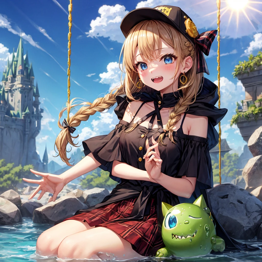 reddish-brown blonde、blue eyes、Braid、ponytail、one good looking girl、solo、anime、Plaid miniskirt、the skirt has buttons、camisole、black t-shirt、dress、wearing a ribbon、ribbon at waist、cloak、Crystal Grotto、hood、desert、clouds are swirling、stone slabs are piled up、one hand raised、Wearing a baseball cap 、crystal earrings、sun、sitting、gold coins are falling、teeth are visible、splash of water、monster castle、have a world map、bow、Swing