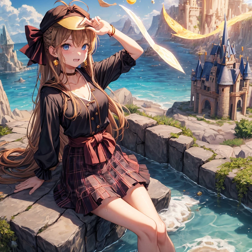 reddish-brown blonde、blue eyes、Braid、ponytail、one good looking girl、solo、anime、Plaid miniskirt、the skirt has buttons、camisole、black t-shirt、dress、wearing a ribbon、ribbon at waist、cloak、Crystal Grotto、hood、desert、clouds are swirling、stone slabs are piled up、one hand raised、Wearing a baseball cap 、crystal earrings、sun、sitting、gold coins are falling、teeth are visible、splash of water、monster castle、have a world map、bow、Swing
