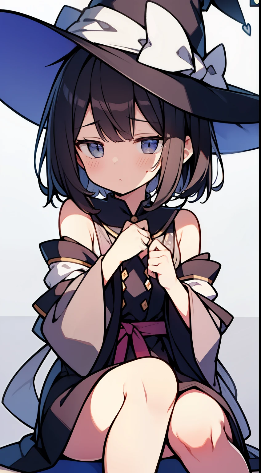 Jitome、Brown hair、cute little、Straight face、witch's hat、robe、masterpiece、top-quality、Top image quality、((((Only the transverse hair is long))))、short-hair