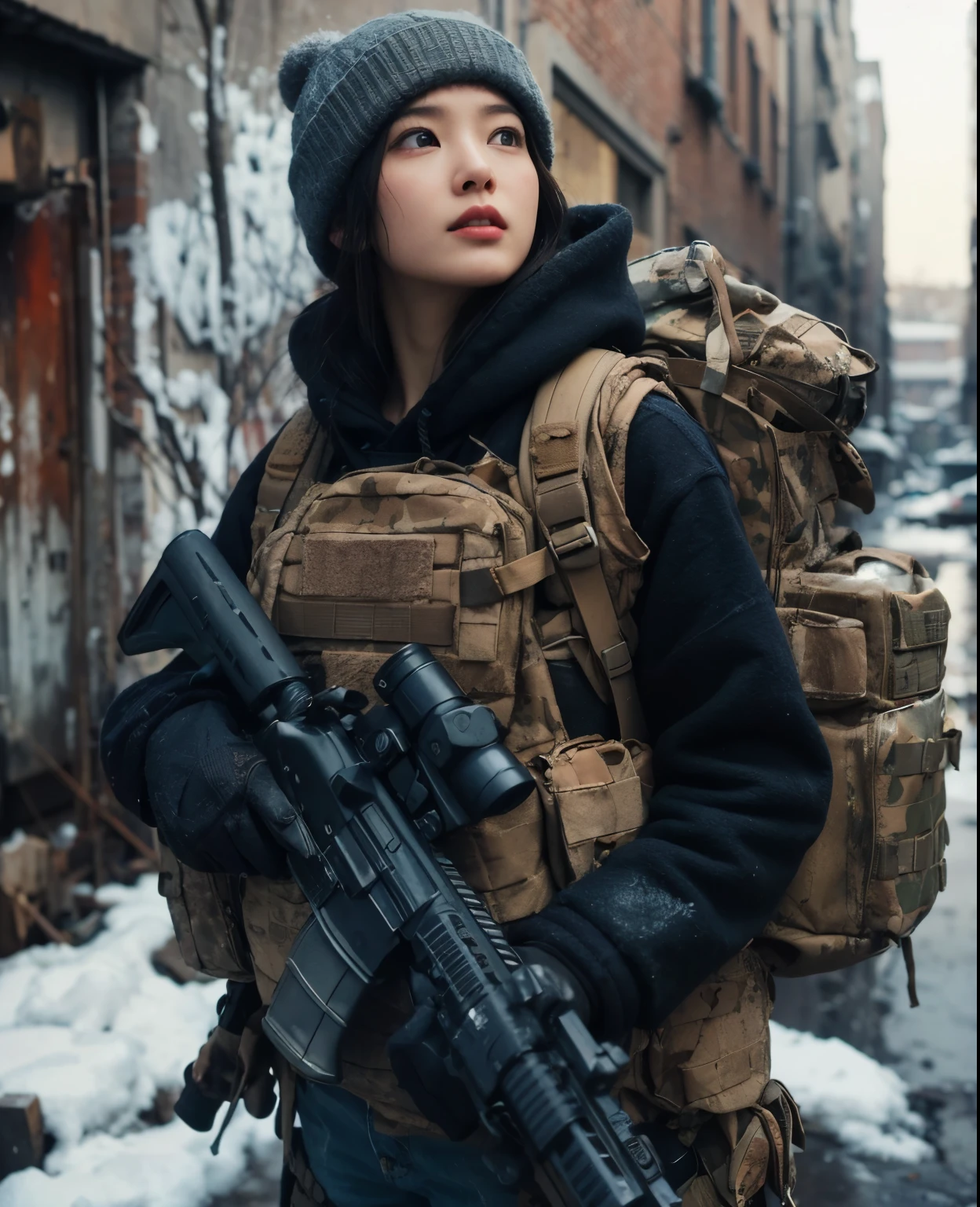 photorealistic、realistic skin texture、A beautiful Japanese woman belonging to the American military is in a city of winter rubble.、alley、old brick building、I&#39;m on guard、Backpack、tactical puffer jacket、baseball cap、automatic rifle、bulletproof vest、It's snowing、moving action pose、muddy boots