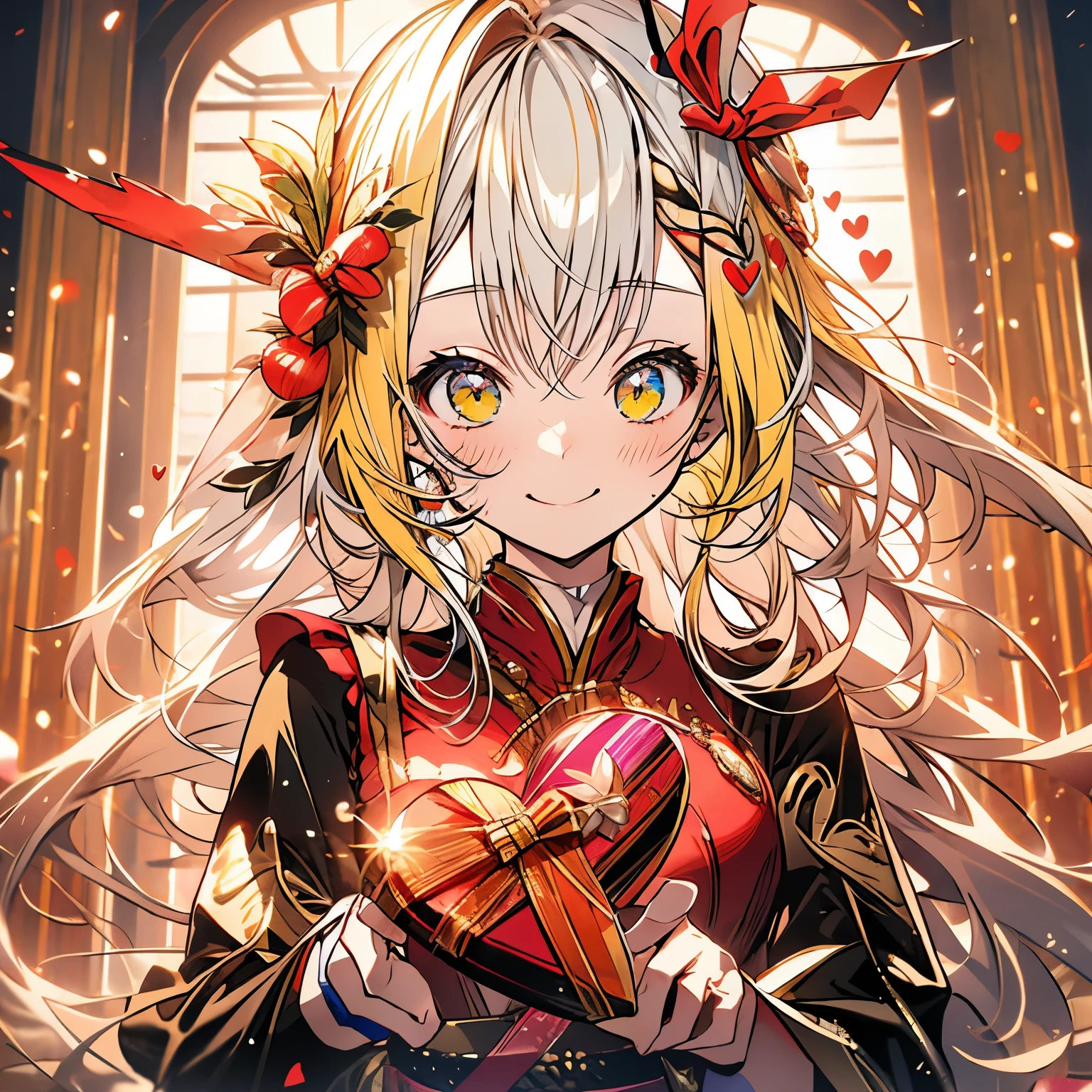 highest quality、masterpiece、anime girl、smile、Upper body、clothes、yellow hair、long hair、red ribbon、heart、gift、give a present、