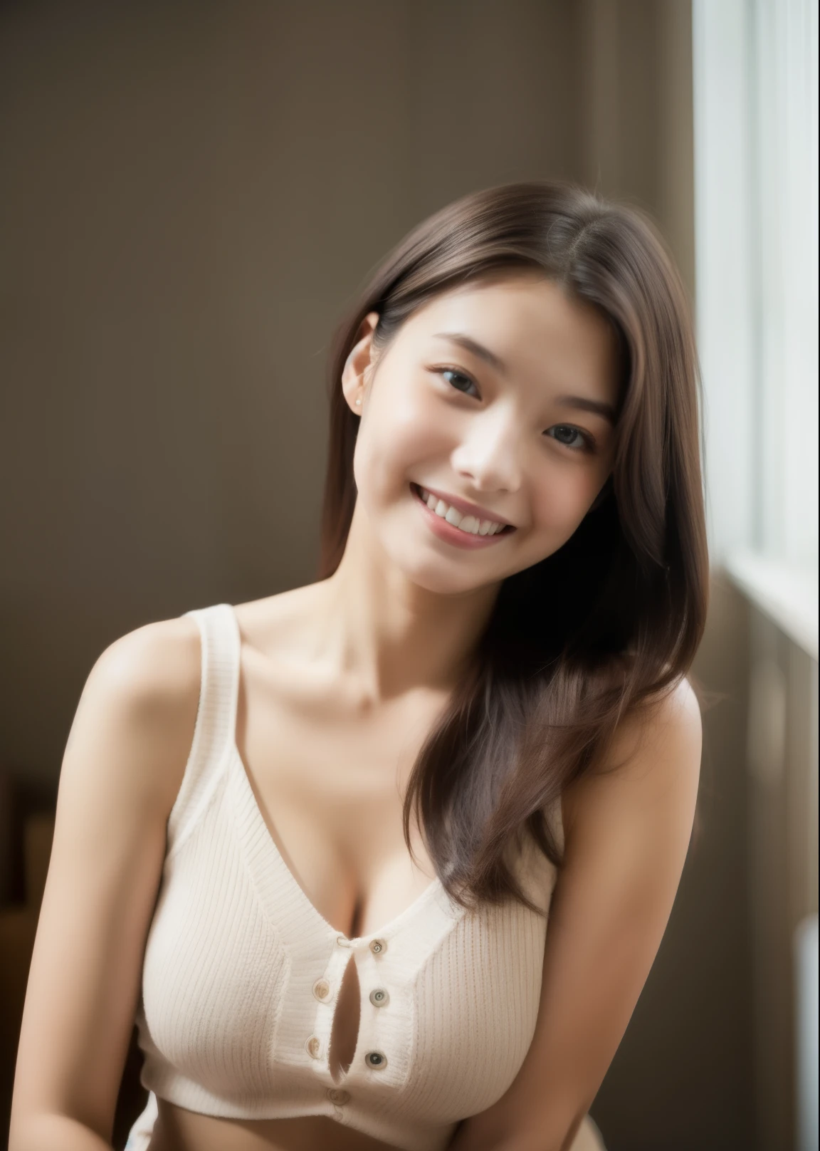 Beautiful 21 years old woman。she is wearing a camisole。She looks ecstatic as if she had an orgasm during sex..。her dark brown hair。High resolution、masterpiece、highest quality、Head w:1.0、((Hasselblad Photos))、fine skin、fine knit、(movie lighting)、clavicle . she is smiling.