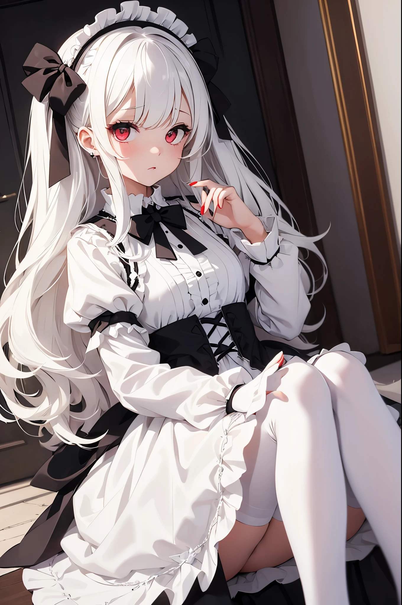 a girl,white pantyhose,mary_janes,hair bow,cross necklace,gothic_ta,white_hair,red_eyes,