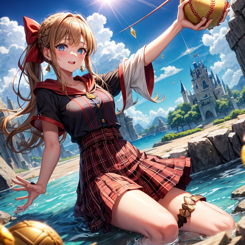 reddish-brown blonde、blue eyes、Braid、ponytail、one good looking girl、solo、anime、Plaid miniskirt、the skirt has buttons、camisole、black t-shirt、dress、wearing a ribbon、ribbon at waist、cloak、Crystal Grotto、hood、desert、clouds are swirling、stone slabs are piled up、one hand raised、Wearing a baseball cap 、crystal earrings、sun、sitting、gold coins are falling、teeth are visible、splash of water、monster castle、have a world map、bow、Swing