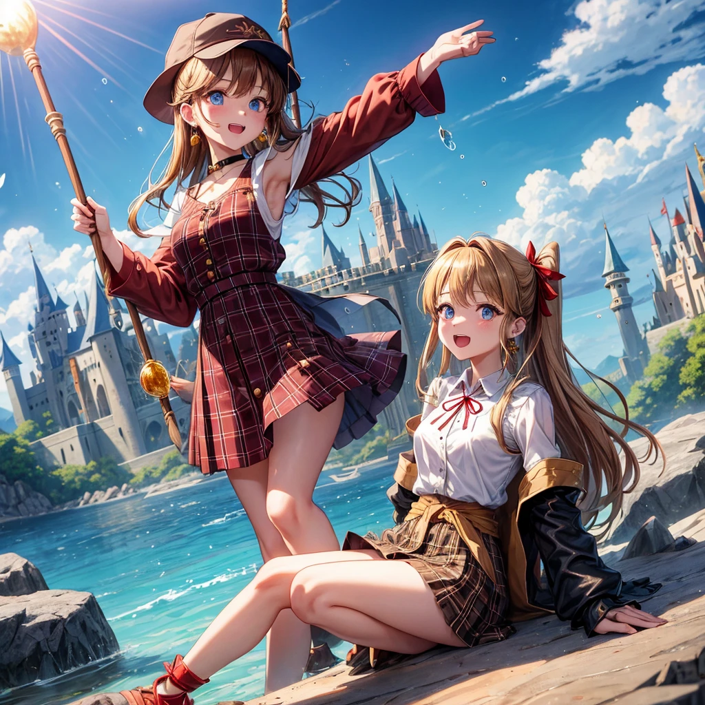reddish-brown blonde、blue eyes、Braid、ponytail、one good looking girl、solo、anime、Plaid miniskirt、the skirt has buttons、camisole、black t-shirt、dress、wearing a ribbon、ribbon at waist、cloak、Crystal Grotto、hood、desert、clouds are swirling、stone slabs are piled up、one hand raised、Wearing a baseball cap 、crystal earrings、sun、sitting、gold coins are falling、teeth are visible、splash of water、monster castle、have a world map、bow、Swing