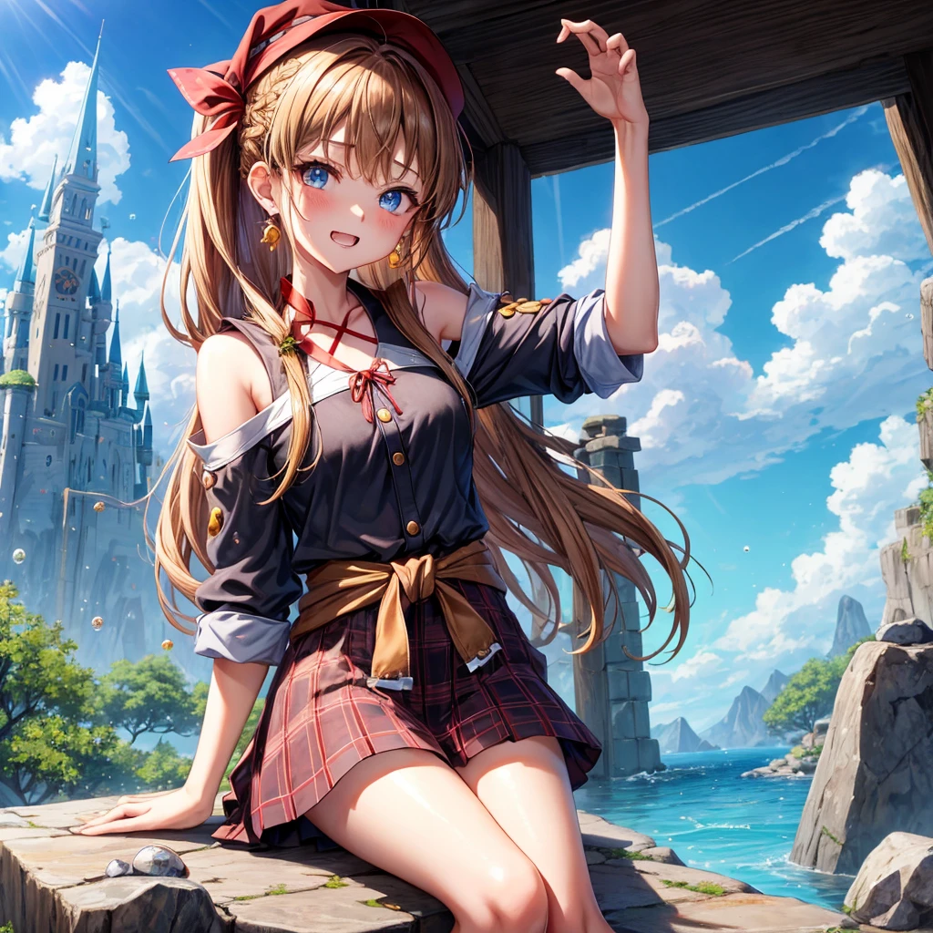 reddish-brown blonde、blue eyes、Braid、ponytail、one good looking girl、solo、anime、Plaid miniskirt、the skirt has buttons、camisole、black t-shirt、dress、wearing a ribbon、ribbon at waist、cloak、Crystal Grotto、hood、desert、clouds are swirling、stone slabs are piled up、one hand raised、Wearing a baseball cap 、crystal earrings、sun、sitting、gold coins are falling、teeth are visible、splash of water、monster castle、have a world map、bow、Swing
