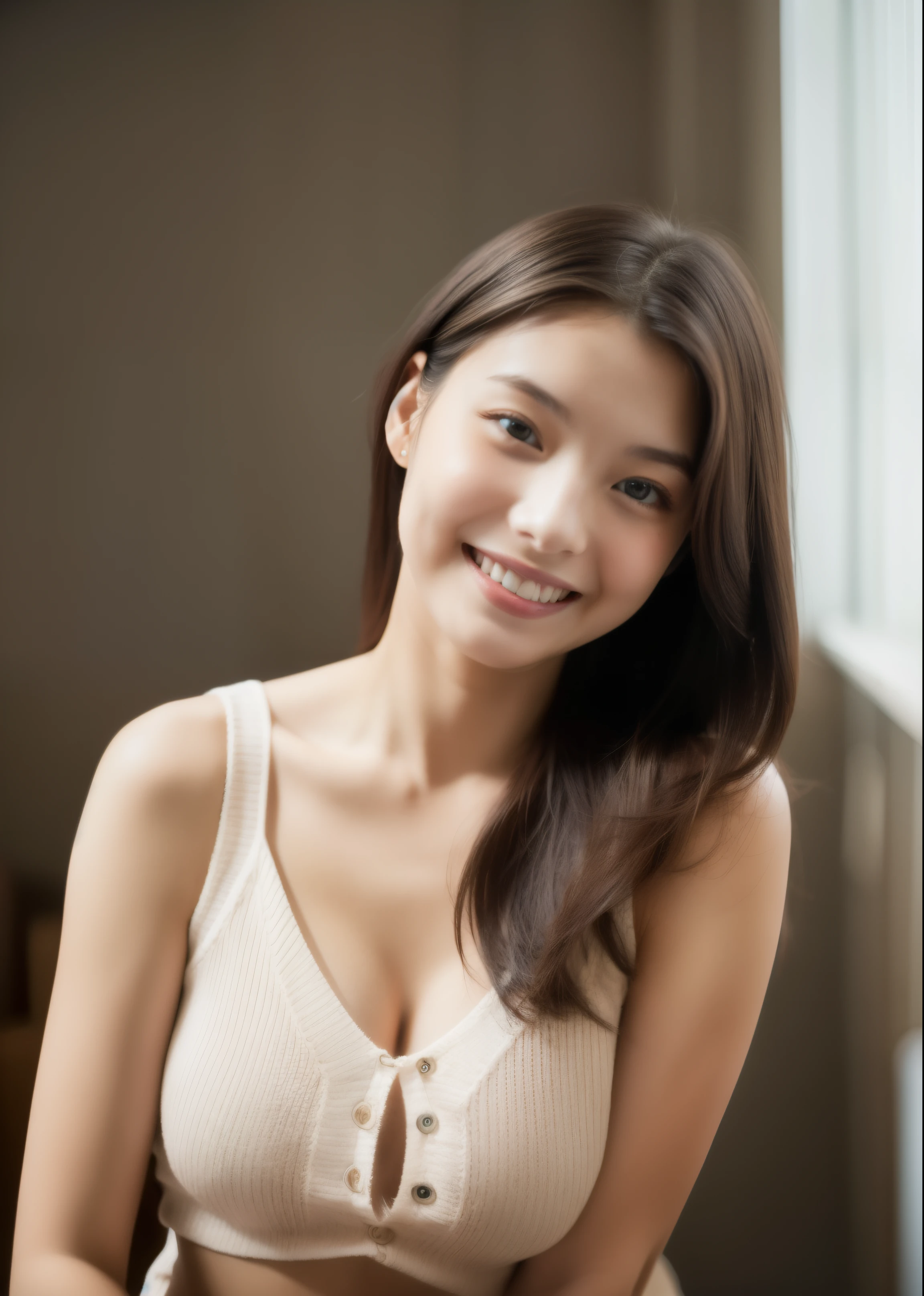 beautiful 21 year old woman。She wears a camisole。She looks ecstatic as if she had an orgasm during sex..。her dark brown hair。High resolution、masterpiece、highest quality、Head w:1.0、((Hasselblad Photos))、fine skin、fine knit、(movie lighting)、clavicle . she is smiling.