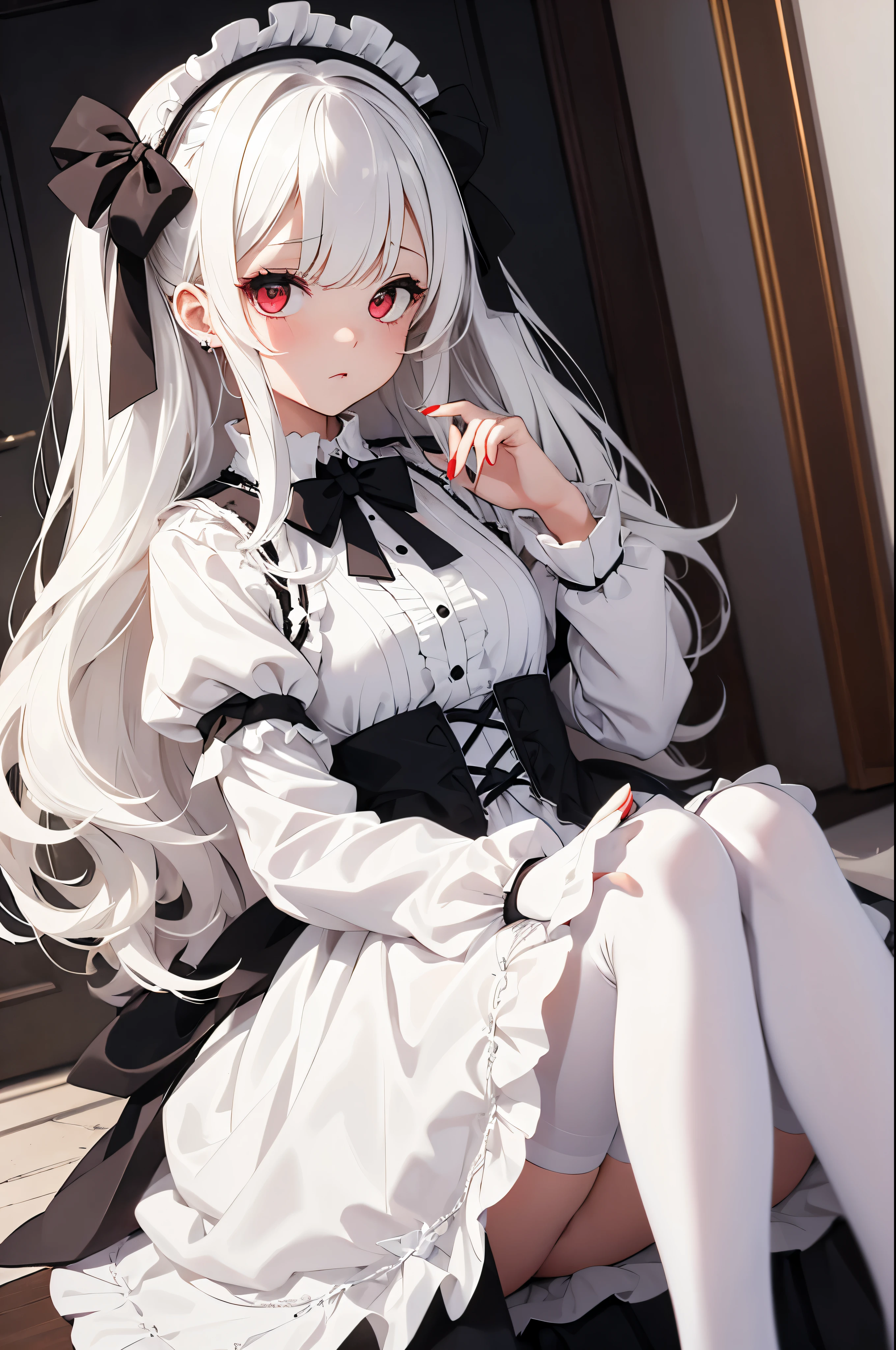 a girl,white pantyhose,mary_Janes,hair bow,Cross necklace,Gothic_Lolita,white_hair,Red_Eye,