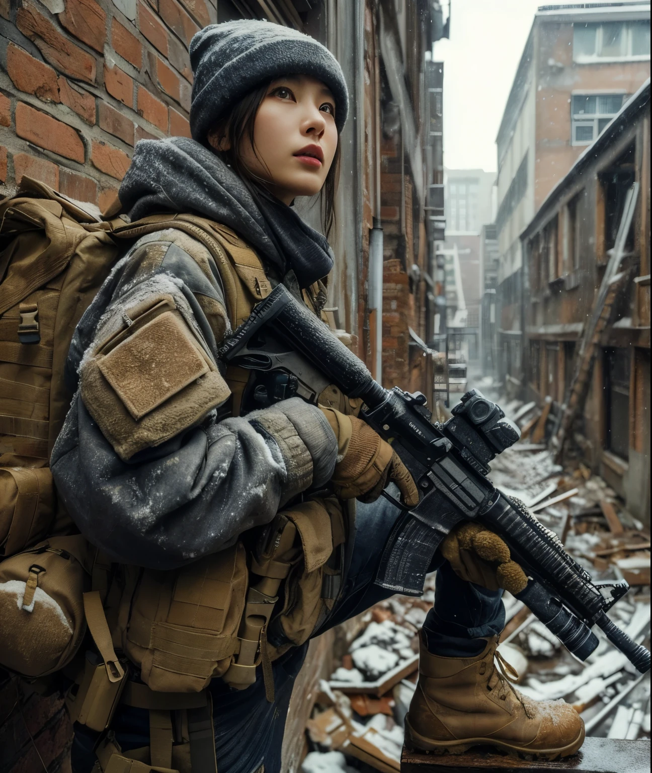 photorealistic、realistic skin texture、A beautiful Japanese woman belonging to the American military is in a city of winter rubble.、alley、old brick building、I&#39;m on guard、Backpack、tactical puffer jacket、baseball cap、automatic rifle、bulletproof vest、It's snowing、moving action pose、muddy boots