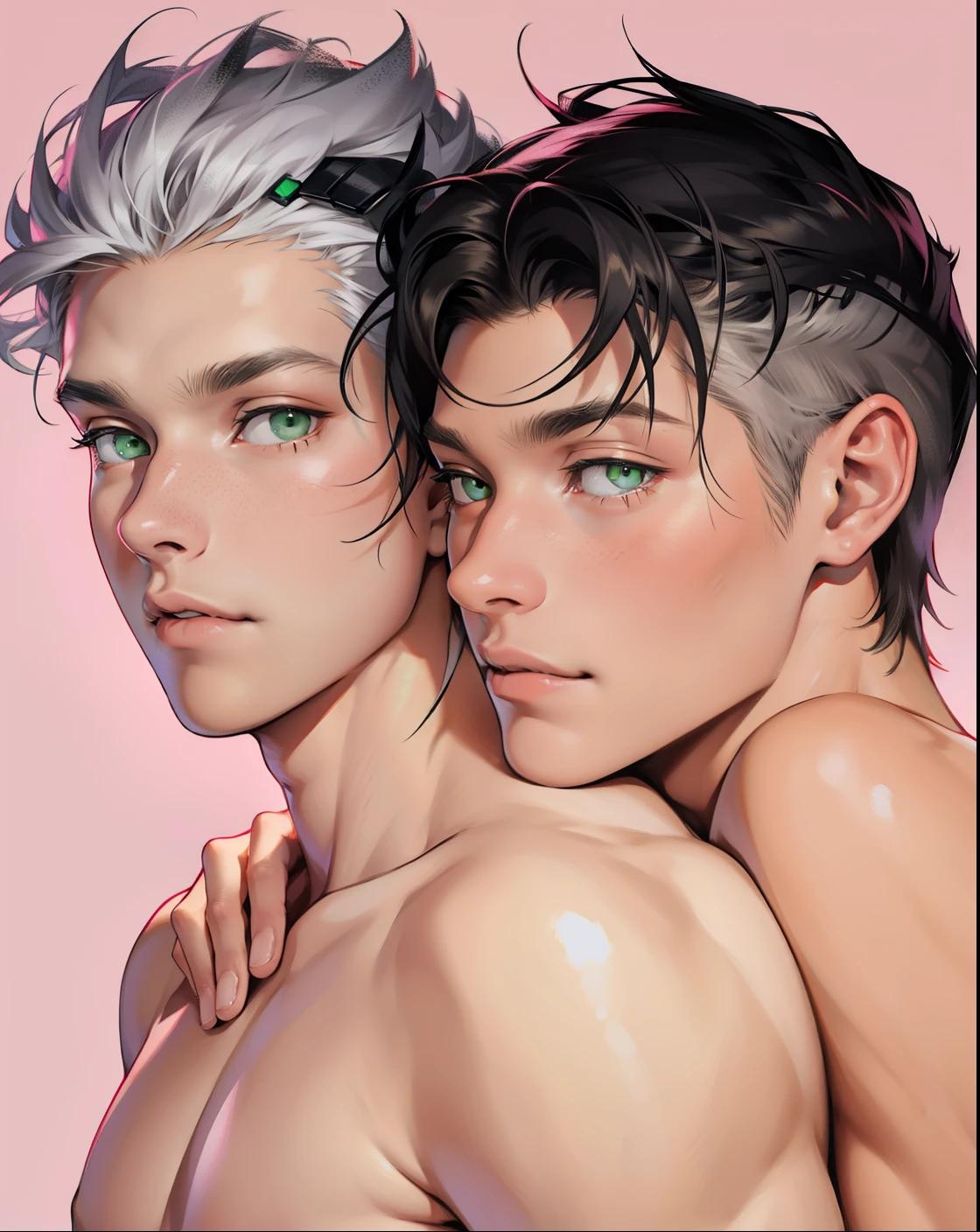 There are two 15-year-old boys, one hugs the other from the back, they have green eyes, white hair.