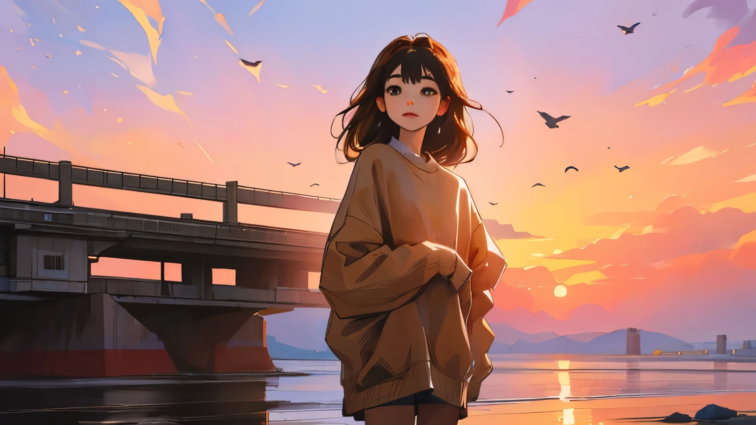 ((masterpiece)),(((bestquality))),((ultra-detailed)) realisticlying, 1 girl, Beautiful, full bpdy, standing, wearing a sweater brown, Beautiful sunrice, solo, The sky turns red at morning, looking to viewer. outdoor,
