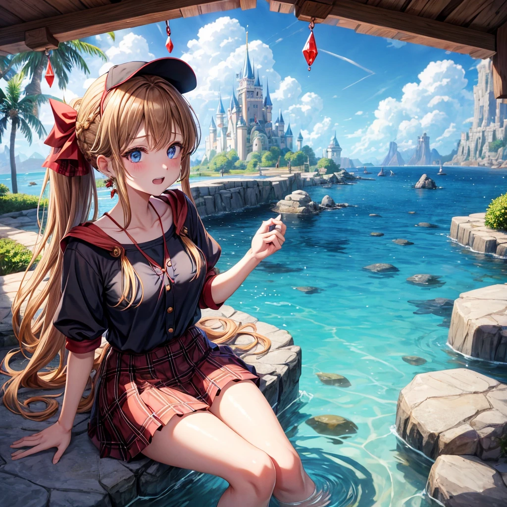 reddish-brown blonde、blue eyes、Braid、ponytail、one good looking girl、solo、anime、Plaid miniskirt、the skirt has buttons、camisole、black t-shirt、dress、wearing a ribbon、ribbon at waist、cloak、Crystal Grotto、hood、desert、clouds are swirling、stone slabs are piled up、one hand raised、Wearing a baseball cap 、crystal earrings、sun、sitting、gold coins are falling、teeth are visible、splash of water、monster castle、have a world map、bow、Swing