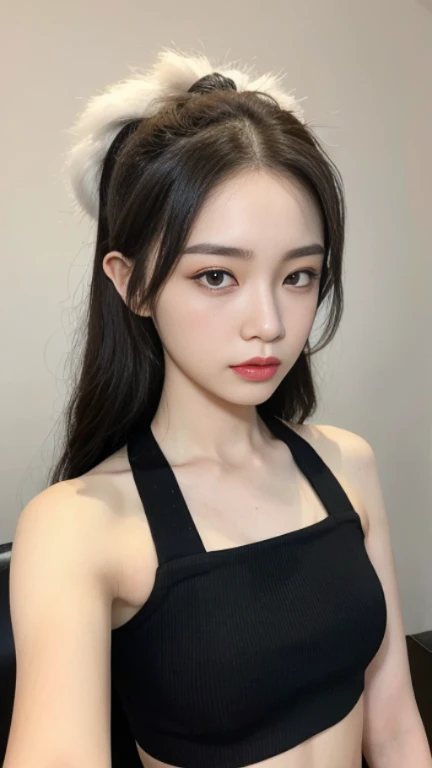 (Best Quality, 8K, 32K, Masterpiece, Ultra HD: 1.2), (K-Pop Idol: 1.3), 1 Girl, (Large: 1.2), (Longhair), Abs, Perfect Figure, Ultra Slender Face, Delicate Lips, Beautiful Eyes Double eyelids ((black crop top)) (pony) (Extremely normal body)1 Elf beauty,(Elf long ears),Short silver-white hair,Half-tied ponytail。