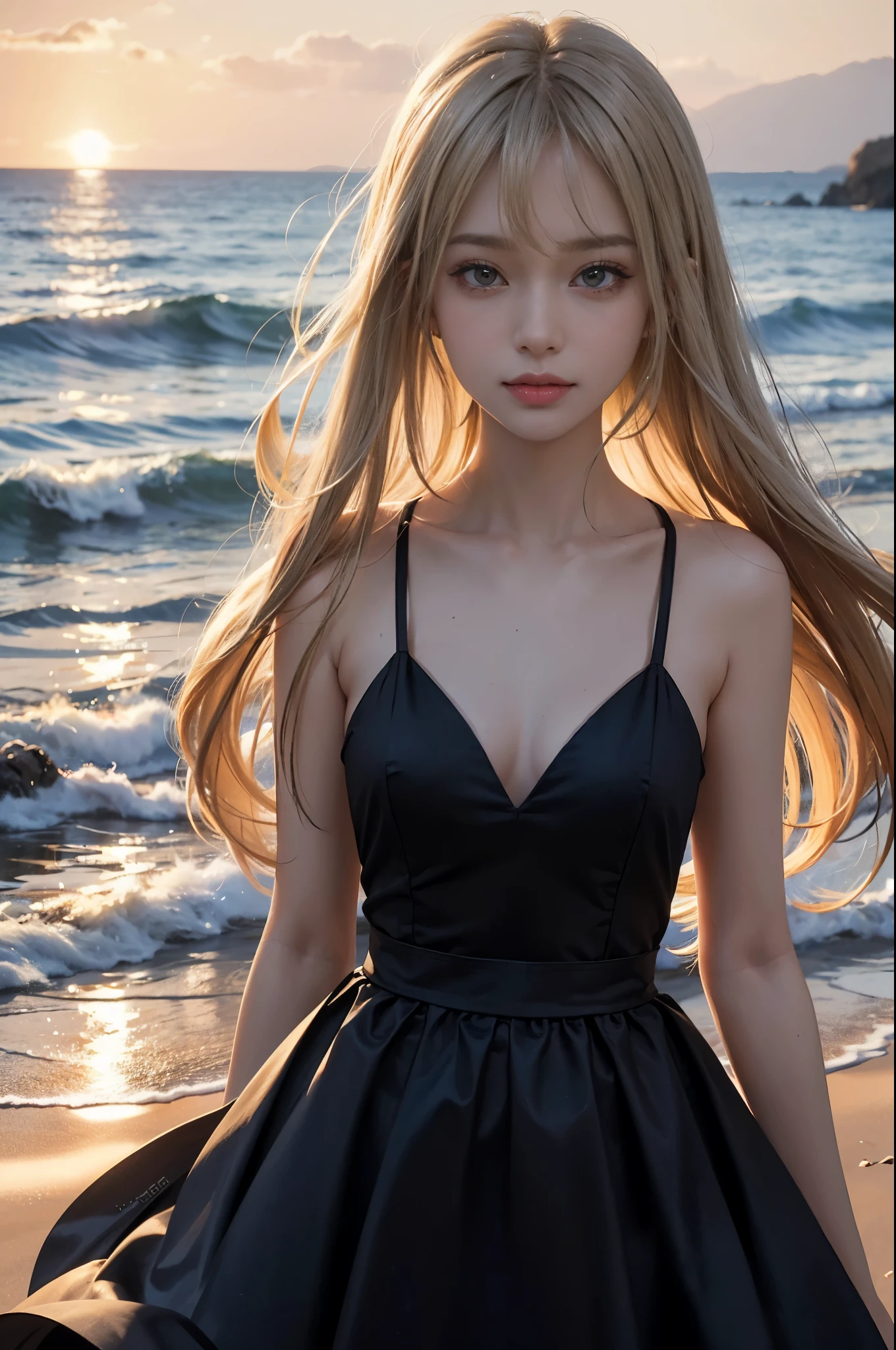 1 girl, blonde hair, gray hair, long hair, bangs, sparkling eyes, long eyelashes, eyes shine, compensate, smile, written boundary depth, from below, silhouette, from behind, wide shot, f/1.4, 135mm, canon, nffsw, retina, Accurate, anatomically correct, rough skin, Super detailed, advanced details, high quality, 最high quality, High resolution, 8K, (Woman walking on the beach at sunset), 逆光のsilhouette, (see-through red dress), ((光を通して体のsilhouetteが見える)), (hair blowing in the wind), (My skirt flies up in the wind)