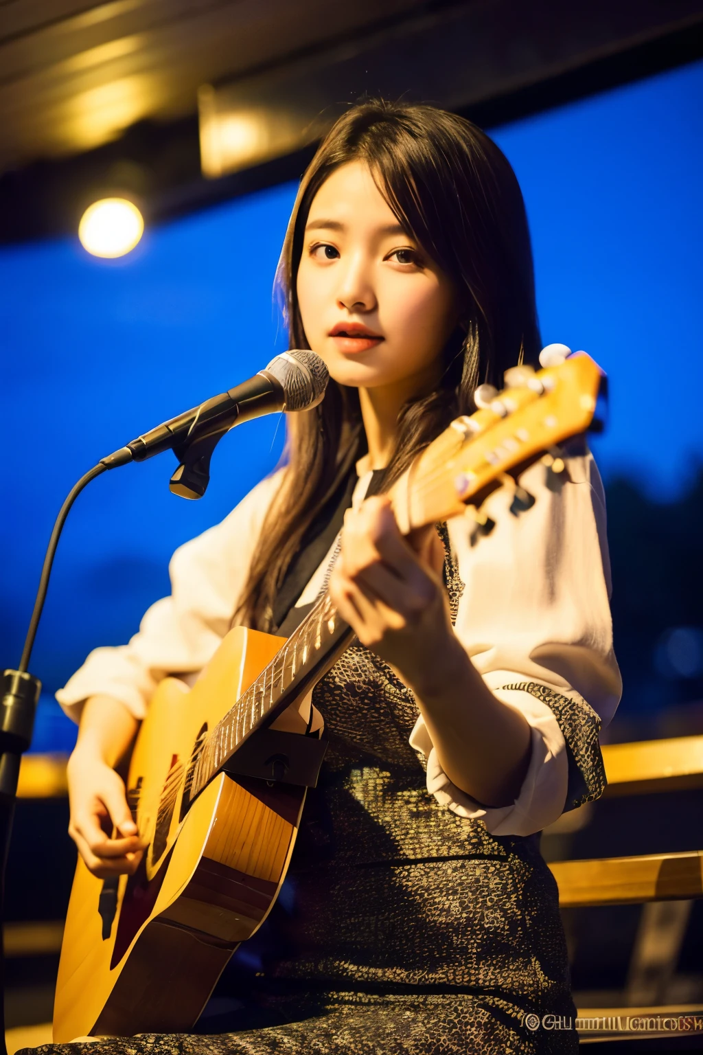 ((highest quality)), ((masterpiece)), (cinematic aesthetic:1.4) Beautiful Korean fashion model bokeh city night photo, Female college student, singer, guitar
