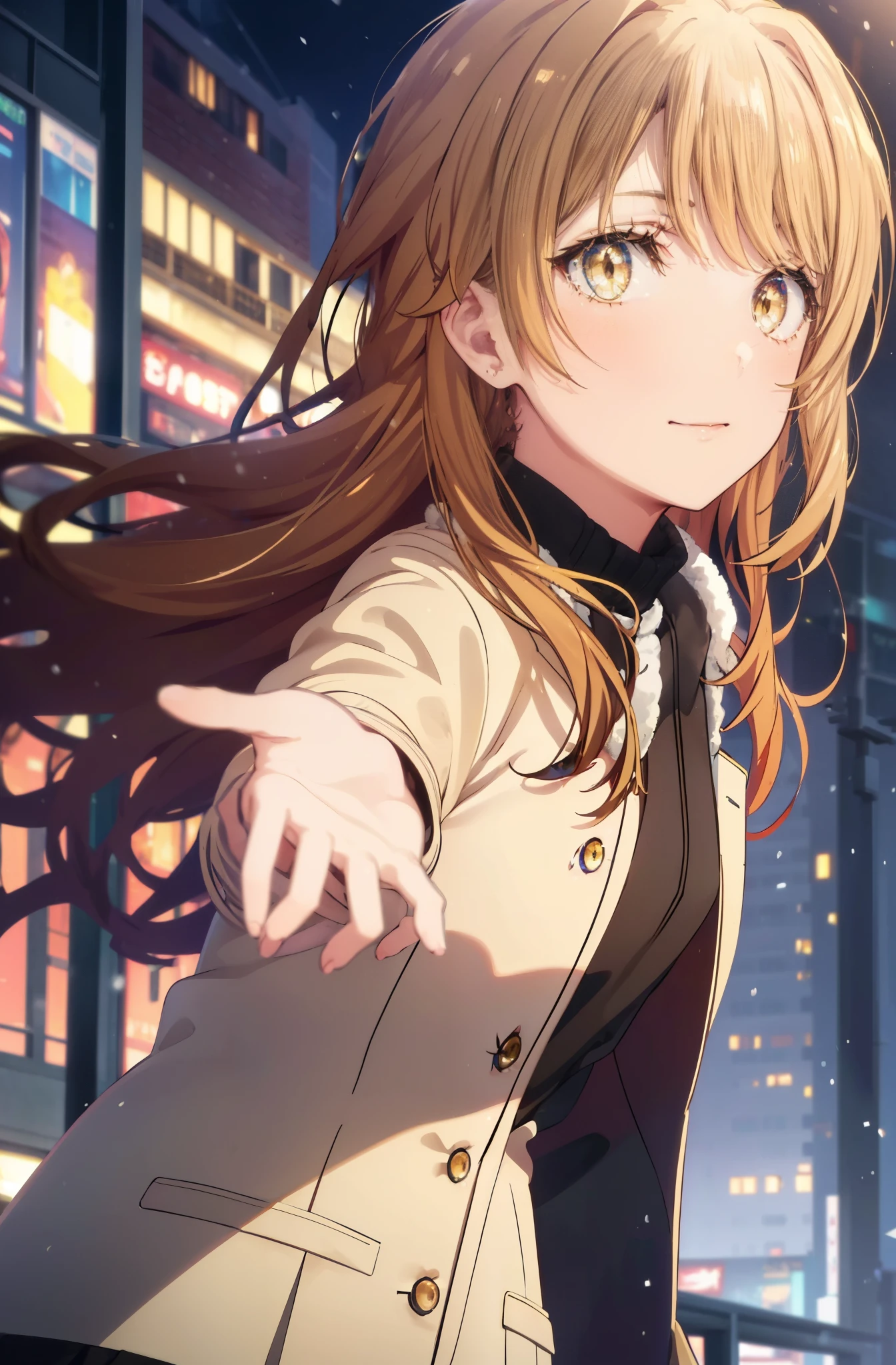 irohaisshiki, Isshiki Iroha, long hair, brown hair, (brown eyes:1.5), smile,blush,yellow long coat,sweater,red muffler,long skirt,black pantyhose,brown boots,winter,It's snowing,
break outdoors, city,building street, whole body,Destroy peeking from above (masterpiece:1.2), highest quality, High resolution, unity 8k wallpaper, (shape:0.8), (beautiful and detailed eyes:1.6), highly detailed face, perfect lighting, Very detailed CG, (perfect hands, perfect anatomy),