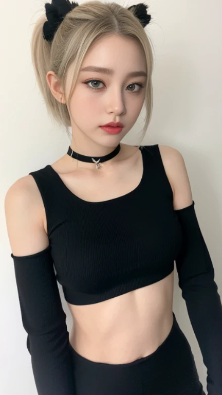 (Best Quality, 8K, 32K, Masterpiece, Ultra HD: 1.2), (K-Pop Idol: 1.3), 1 Girl, (Large: 1.2), Abs, Perfect Figure, Ultra Slender Face, Delicate Lips, Beautiful Eyes Double eyelids ((black crop top)) (Extremely normal body)Japanese-style town:1 Elf beauty,(Elf long ears),Short silver-white hair,Half-tied ponytail。
