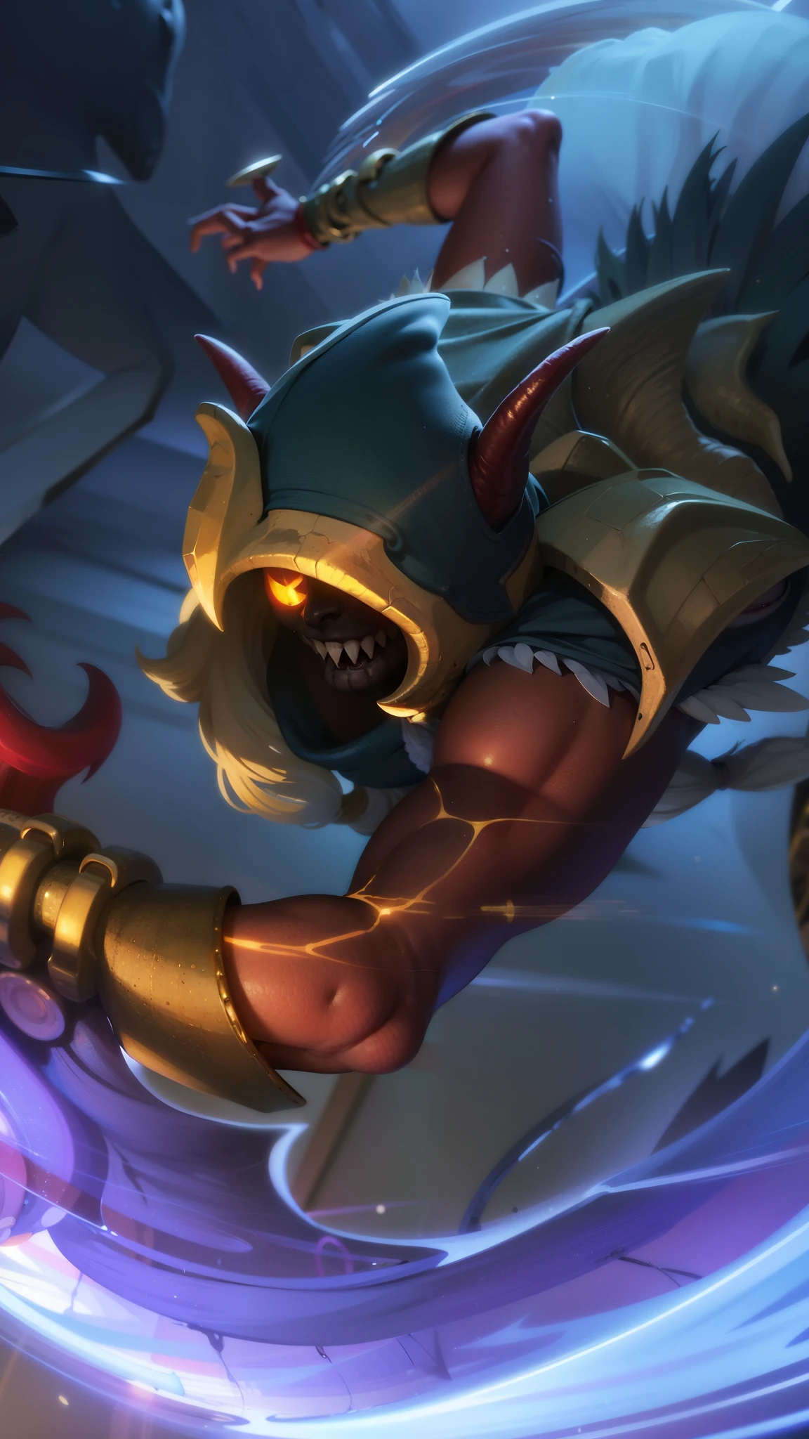 masculine male, masterpiece, ((perfect eyes)) best quality, (semirealism:1.9), beautiful lighting, (extremely detailed CG unity 4k fhd wallpaper), High Detail, Sharp focus, dramatic outdoors, white short hair, Boy with two big horns, big earrings on ears, elf ear, red eyes, Thick eyebrows, evil smile, grinning, red body, black face, Burning skin, yellow diamonds glistening on chest, burning red skin, golden robe behind, big white belt, 8k, realistic, scary, strong red eye glow (red eye:1.2).