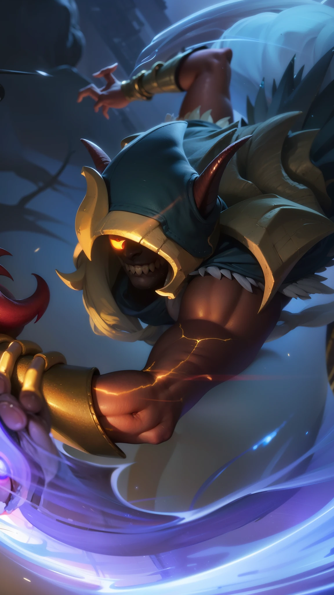 masculine male, masterpiece, ((perfect eyes)) best quality, (semirealism:1.9), beautiful lighting, (extremely detailed CG unity 4k fhd wallpaper), High Detail, Sharp focus, dramatic outdoors, white short hair, Boy with two big horns, big earrings on ears, elf ear, red eyes, Thick eyebrows, evil smile, grinning, red body, black face, Burning skin, yellow diamonds glistening on chest, burning red skin, golden robe behind, big white belt, 8k, realistic, scary, strong red eye glow (red eye:1.2).