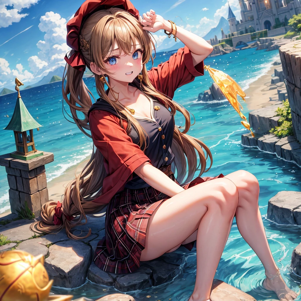 reddish-brown blonde、blue eyes、Braid、ponytail、one good looking girl、solo、anime、Plaid miniskirt、the skirt has buttons、camisole、black t-shirt、dress、wearing a ribbon、ribbon at waist、cloak、Crystal Grotto、hood、desert、clouds are swirling、stone slabs are piled up、one hand raised、Wearing a baseball cap 、crystal earrings、sun、sitting、gold coins are falling、teeth are visible、splash of water、monster castle、have a world map、bow、Swing