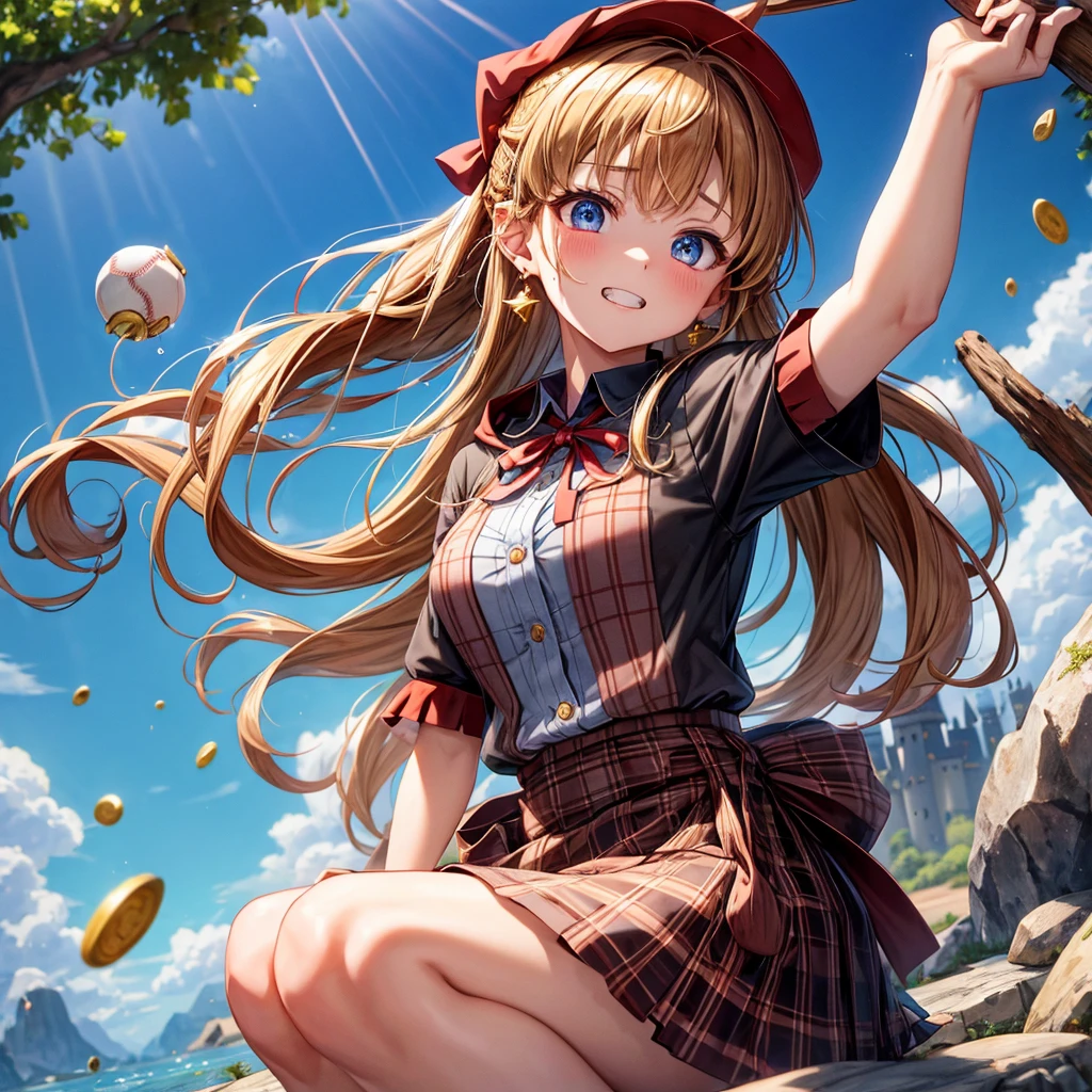 reddish-brown blonde、blue eyes、Braid、ponytail、one good looking girl、solo、anime、Plaid miniskirt、the skirt has buttons、camisole、black t-shirt、dress、wearing a ribbon、ribbon at waist、cloak、Crystal Grotto、hood、desert、clouds are swirling、stone slabs are piled up、one hand raised、Wearing a baseball cap 、crystal earrings、sun、sitting、gold coins are falling、teeth are visible、splash of water、monster castle、have a world map、bow、Swing