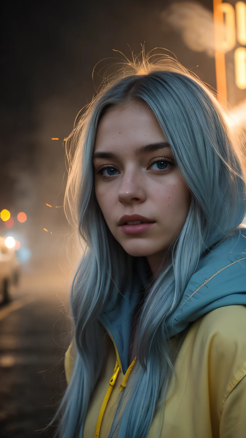 closeup portrait of Caucasian woman with long light blue hair, wearing yellow hoodie, dystopian street background, (smoke), detailed, cinematic composition, intricate details, highly detailed, fire, at night
