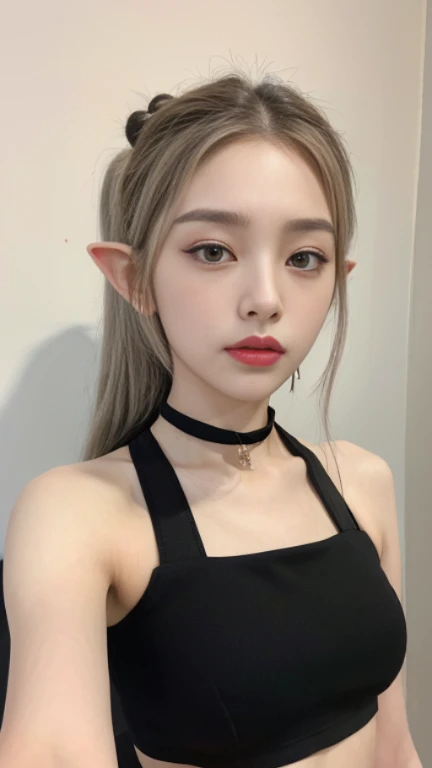 (Best Quality, 8K, 32K, Masterpiece, Ultra HD: 1.2), (K-Pop Idol: 1.3), 1 Girl, (Large: 1.2), (Longhair), Abs, Perfect Figure, Ultra Slender Face, Delicate Lips, Beautiful Eyes Double eyelids ((black crop top)) (pony) (Extremely normal body)1 Elf beauty,(Elf long ears),Short silver-white hair,Half-tied ponytail。