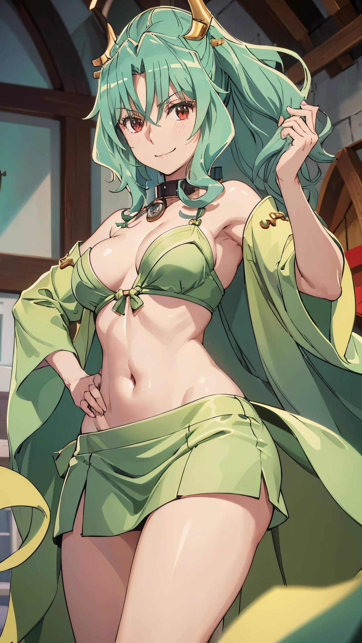 masterpiece, highres, solo, 8k, detailed, perfect face, (ultra high quality), looking viewers, collar bones, armpit, big breast, cleavage, green hair, short hair, red eyes, belly, stomach, navel, kimono, slim body, smile, blush, thigh, horns