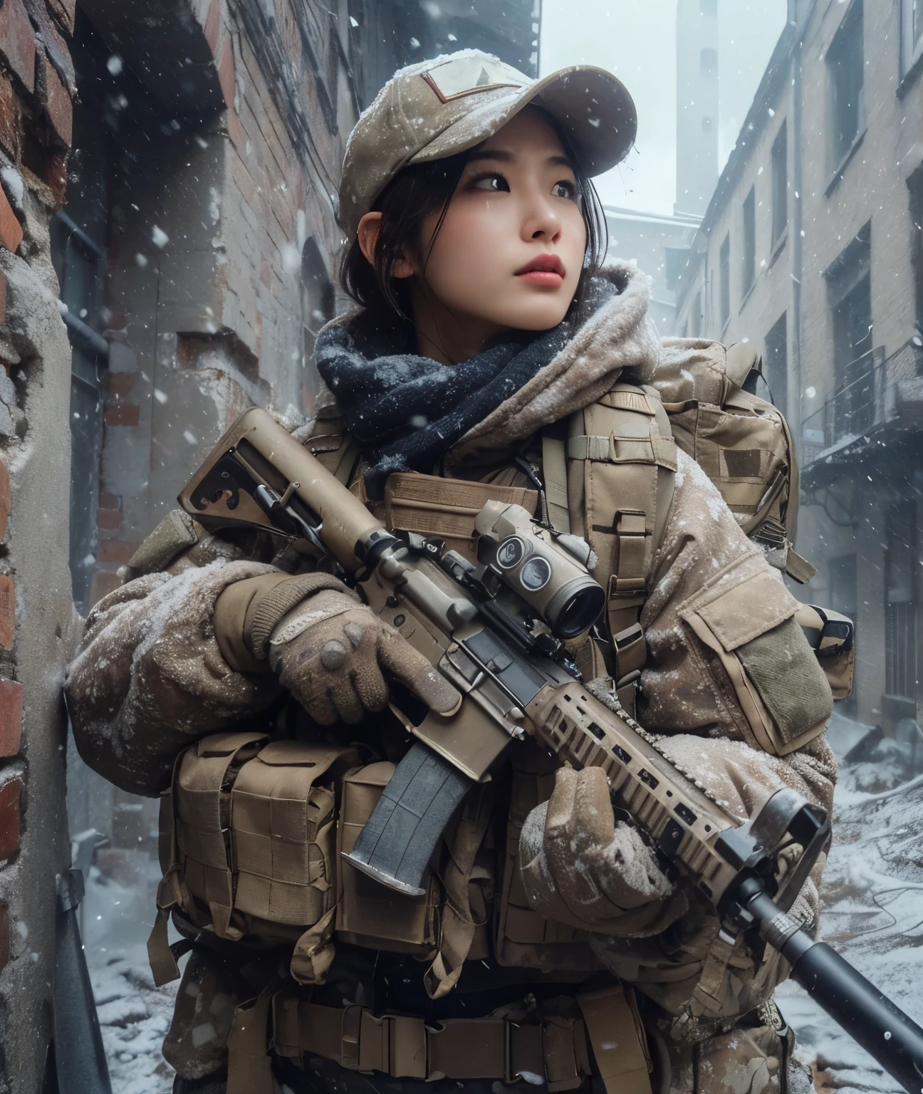 photorealistic、realistic skin texture、A beautiful Japanese woman belonging to the American military is in a city of winter rubble.、alley、old brick building、I&#39;m on guard、Backpack、tactical puffer jacket、baseball cap、automatic rifle、bulletproof vest、It's snowing、moving action pose、muddy boots