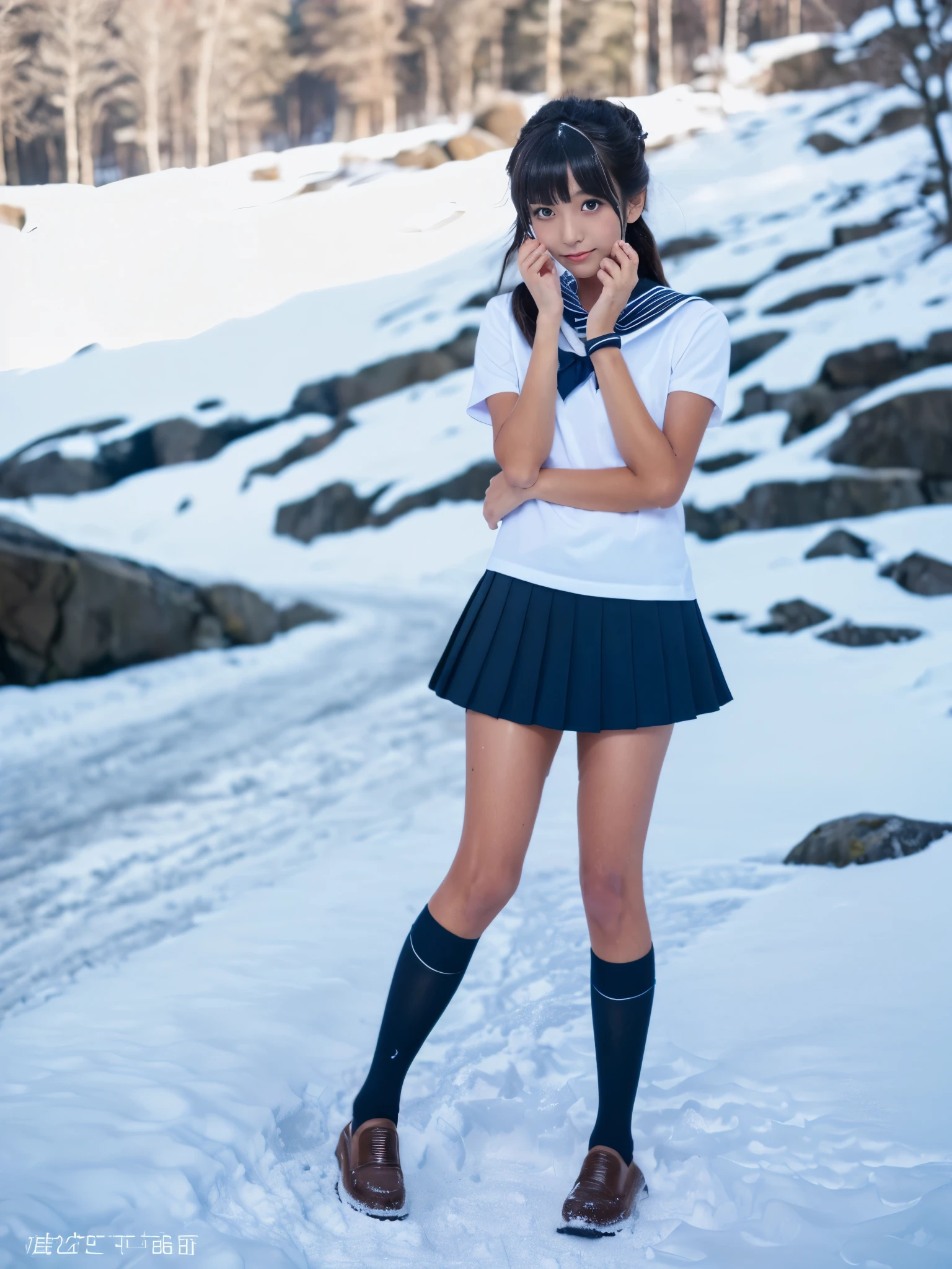 (in 8K、RAW Photos、top-quality、masterpiece:1.2), (realisitic、Photorealsitic:1.37), ultra-detailliert, high resolution, 1girl in, a closeup, Raw feet, A dark-haired, black eyes, japanese, color contact lens, (beautiful legs:1.3), (slender girl:1.4), a beauty girl, (Thin legs:1.3), a sailor suit, , high-school girl, JK, Ultra mini skirt, Dark blue pleated skirt, Short socks, Tri-fold socks, white sock, (short sleeves:1.3), (black loafers shoes:1.3), Full body, (standing:1.2), (heavy snowing:1.1), (deep snow:1.1),(dark_skin:1.5),(tanned_skin:1.6)