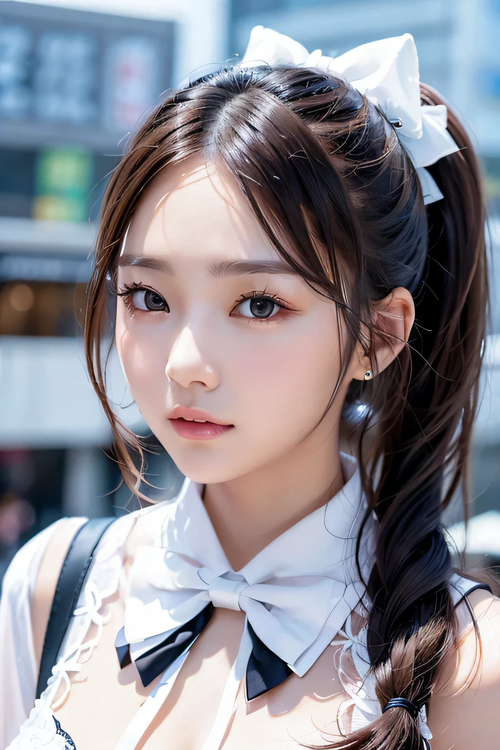 (8K, masterpiece, 最high quality), Super detailed, beautiful round eyes, beautiful and detailed face, high quality, High resolution, shopping mall rooftop cafe, white opaque shirt with bow tie, , perfection ,, Ponytail in low position,black hair , stare into the distance、With a round face、slim、flat body、cute、、、((head shot))、