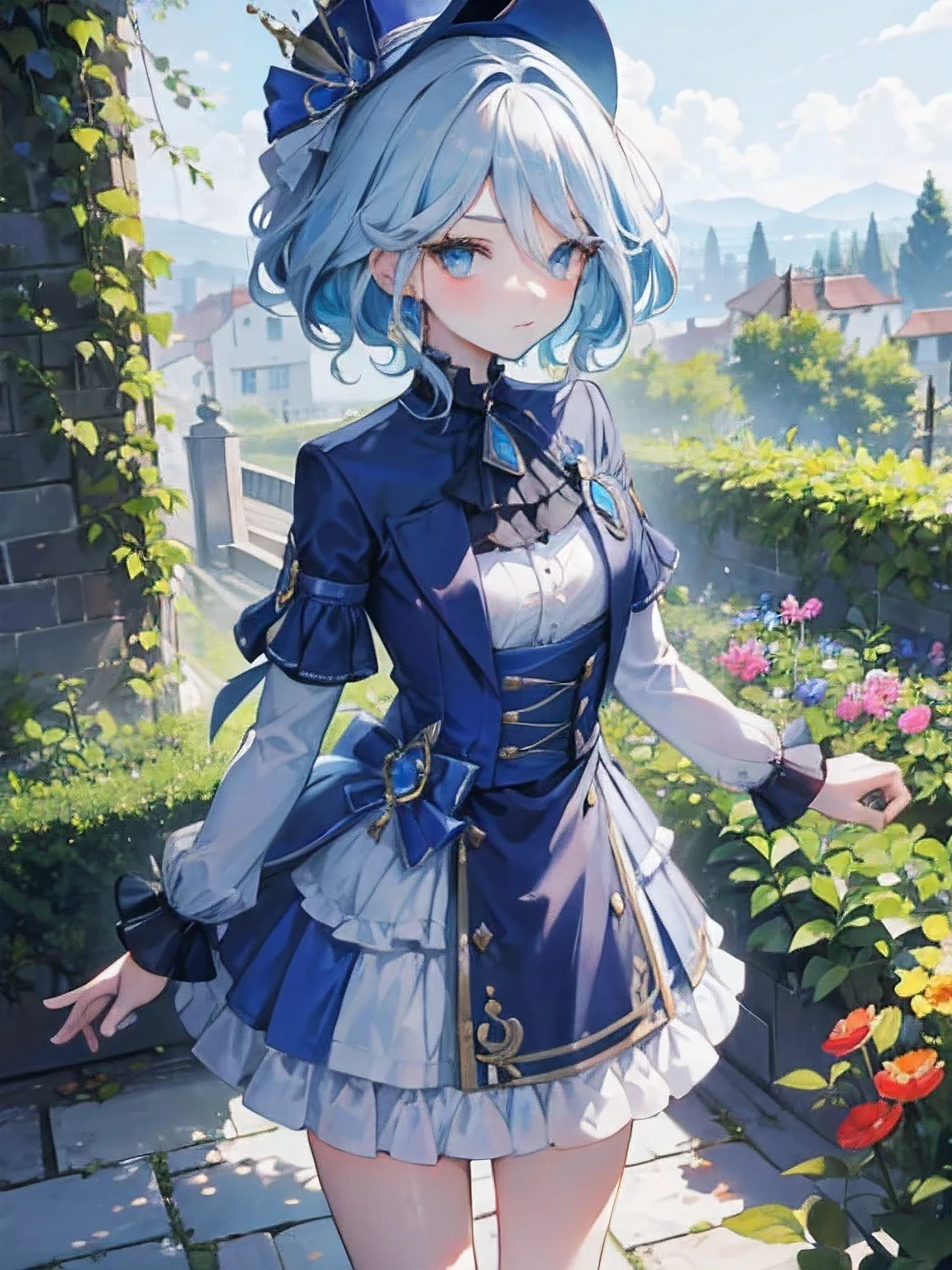furina, 1girl, looking at viewer, left eye cyan, right eye deep blue, garden view, beautiful hand, wearing hat, flat chest, standing on the right, short hair