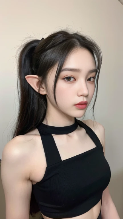 (Best Quality, 8K, 32K, Masterpiece, Ultra HD: 1.2), (K-Pop Idol: 1.3), 1 Girl, (Large: 1.2), (Longhair), Abs, Perfect Figure, Ultra Slender Face, Delicate Lips, Beautiful Eyes Double eyelids ((black crop top)) (pony) (Extremely normal body)1 Elf beauty,(Elf long ears),Short silver-white hair,Half-tied ponytail。