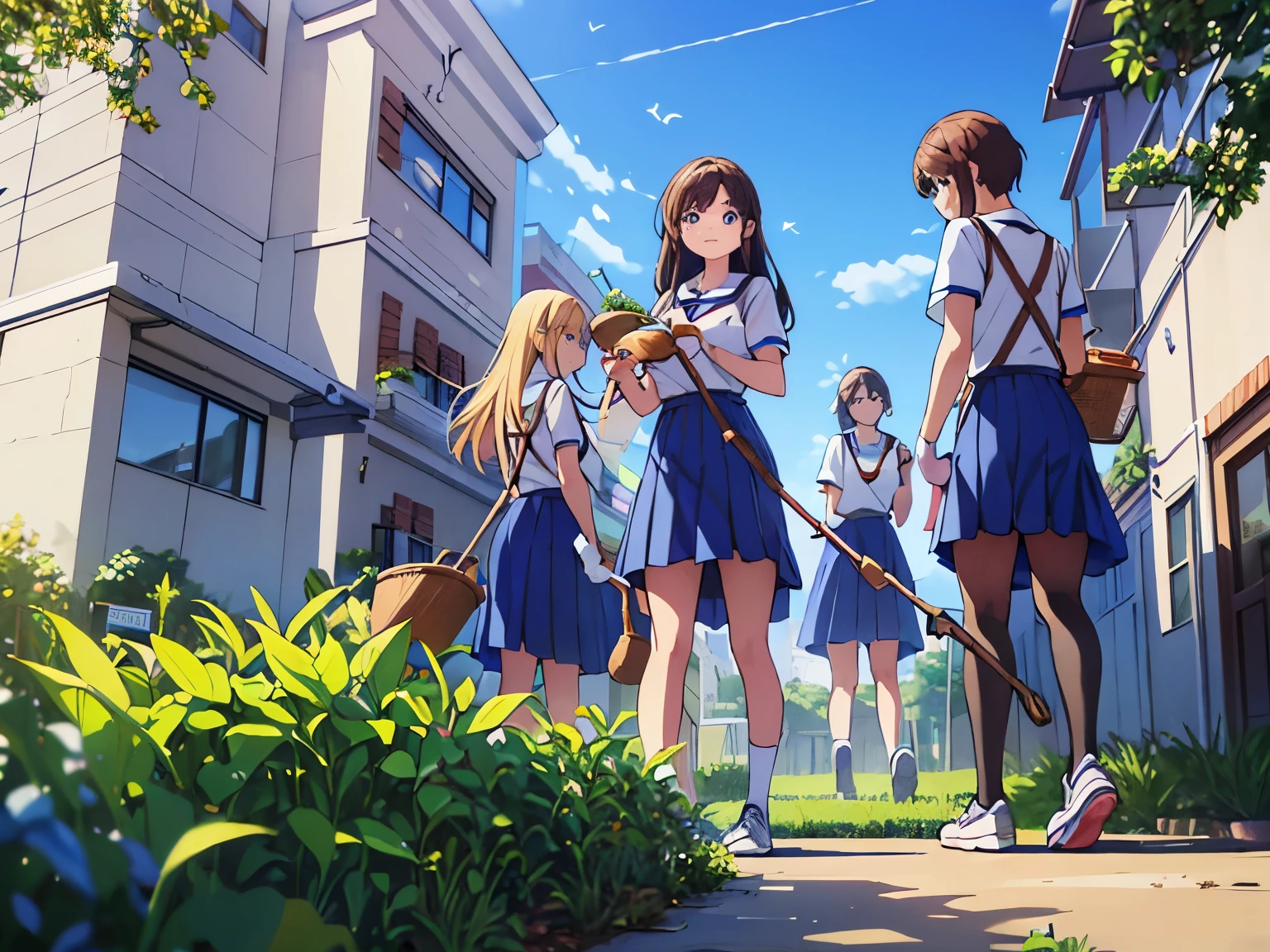 Poster with theme students who clean their school environment together (planting)(picking up rubbish)(sweeping)(perspektive technique)(many students)