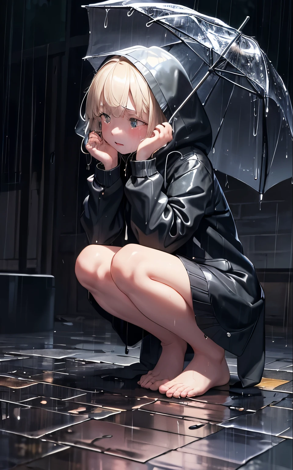 (masterpiece:1.2, highest quality), (real image, intricate details), (night, dark, downpour:1.4) There was no one in the alley, And the surroundings fell silent, Only raindrops falling on the tiled eaves of a nearby low house, Make a faint rustling sound. in the cold rain, (1 girl, wet hooded jacket, sad, tears in my eyes, trembling:1.2) squat on the ground,