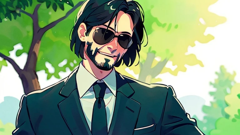 Green background, John Wick, Aviator Glasses, Keanu Reeves, Laughing, Big eyes, tuxedo, killer suit, assassin suit, John Wick Suit, Smile, park, tree, in a close up view, Front