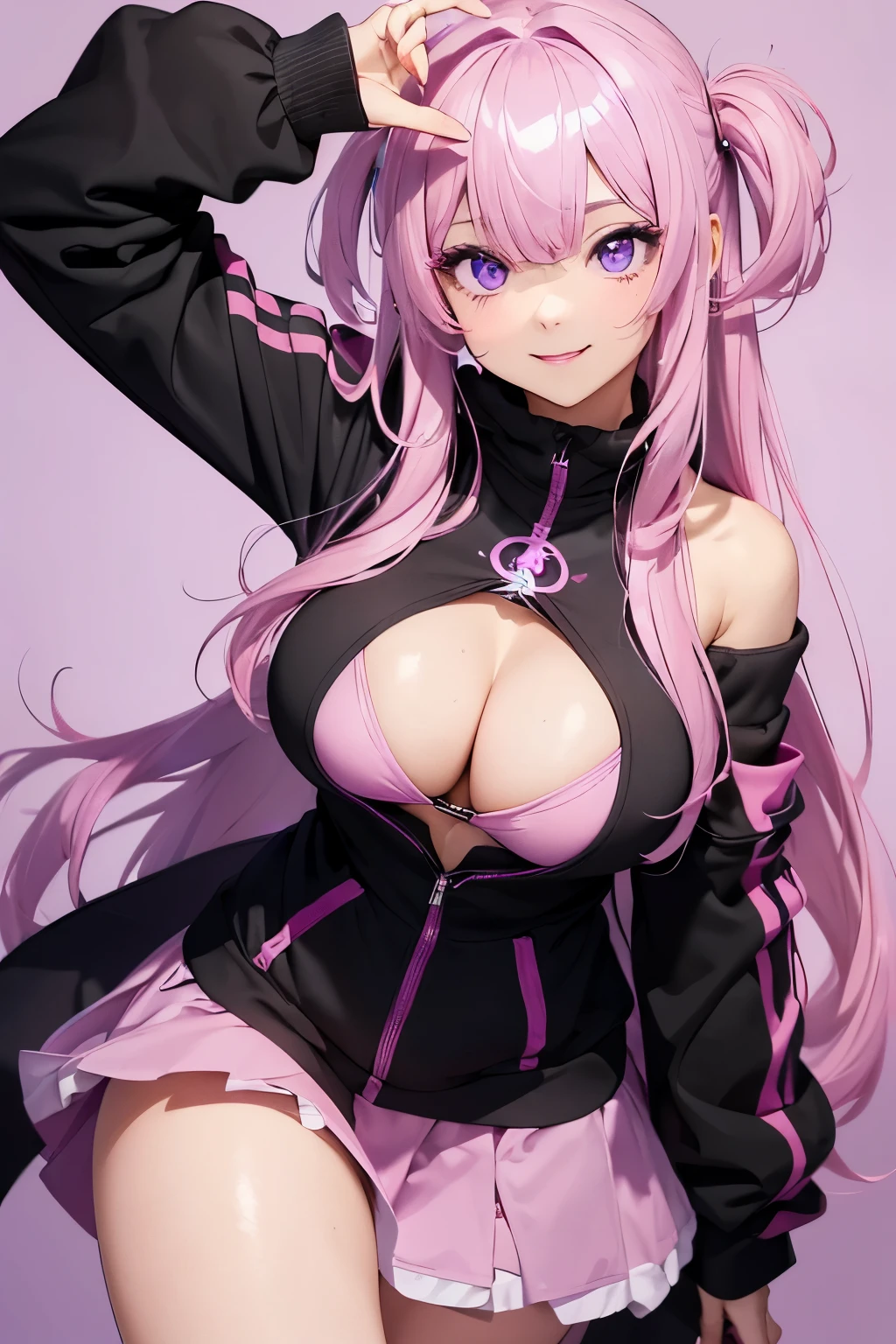 1girl (masterpiece, round_iris, extremely crisp crystalline shiny purple eyes, perfect_anatomy, extremely_captivating_hypnotic_mystic_eyes,) perfect face, long pastel pink hair, smiling evil, big breasts, black and pink hoddie, pink skirt, gamer girl, simple background, best quality, 4k