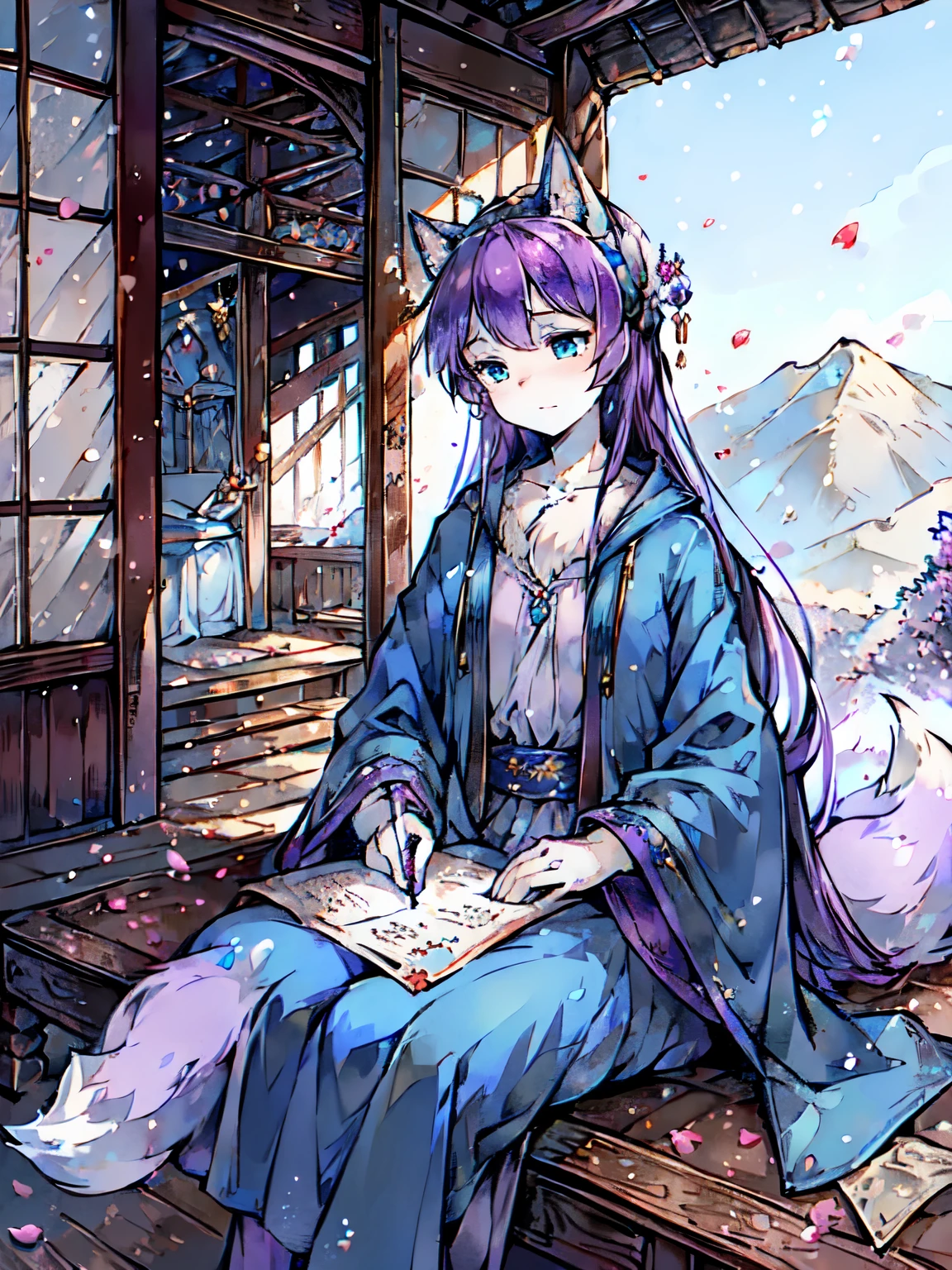 a fox,Blue eyes,Exquisite headdress,blue robe,blue sky,plum tree,Falling plum petals,Falling snowflakes,purple hair,Pink petals,sitting in the attic,holding a pen in hand,Scrolls on the ground,mountains,Beautifully decorated,Rich and noble families,sad,wooden table,Pen, ink and paper,fluffy tail