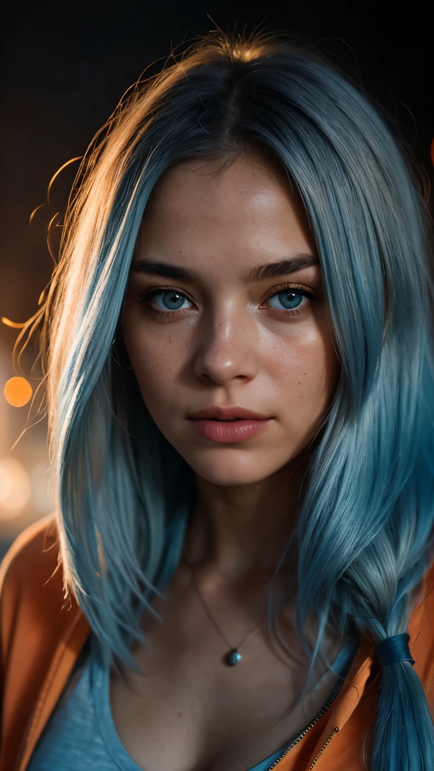 closeup portrait of Caucasian woman with long light blue hair, wearing orange hoodie, dystopian street background, dust cloud, lense flare, detailed, cinematic composition, intricate details, highly detailed, fire, at night